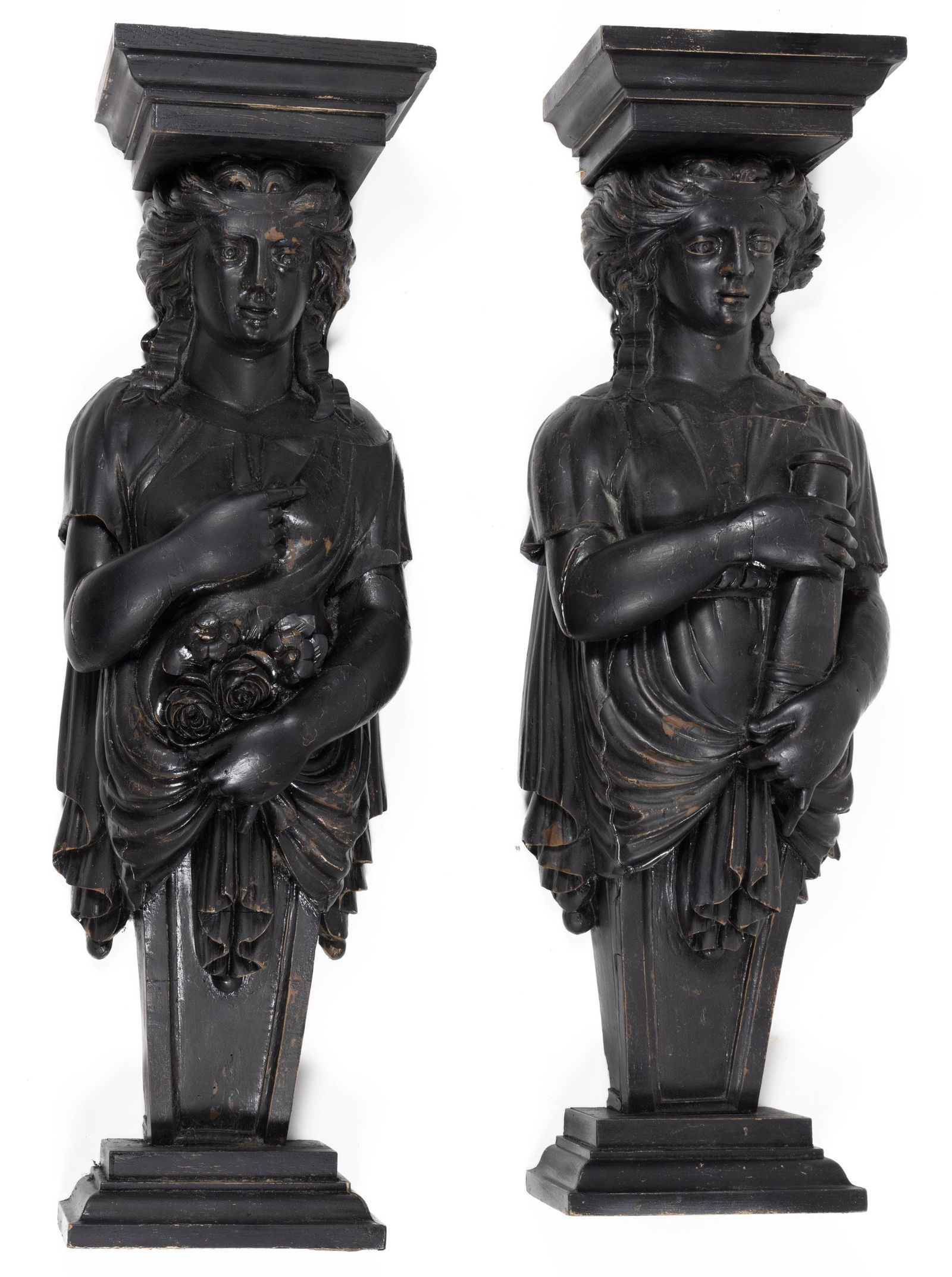 PAIR OF CARVED AND PAINTED WOODEN ARCHITECTURAL FIGURES / CARYATIDS, caryatid corbels, depicting (1 of 5)