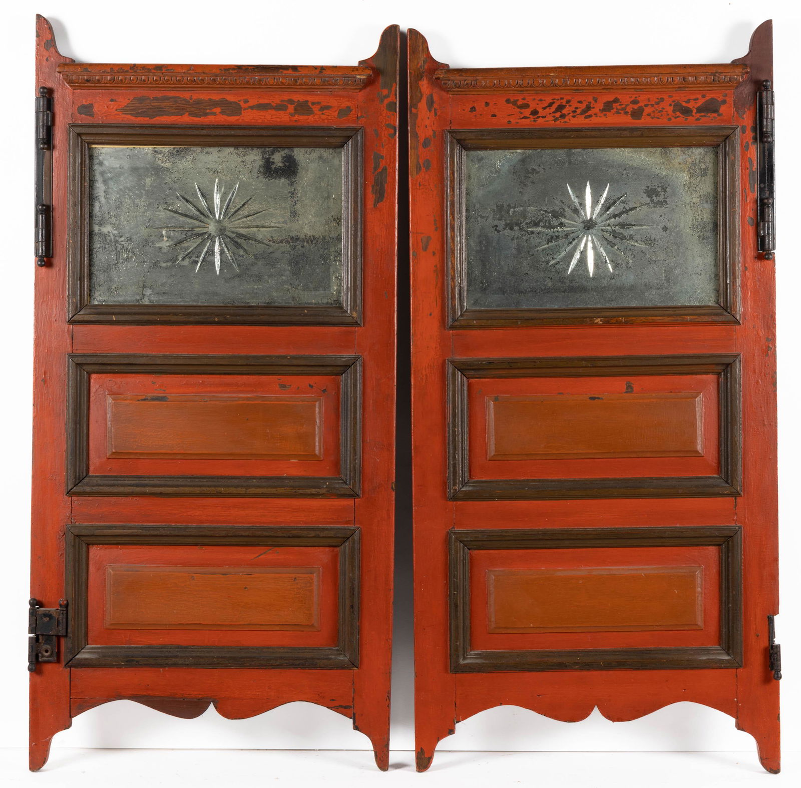 SET OF SALOON DOORS WITH BEVELED GLASS, each rectangular form, retains an old red-painted (1 of 4)
