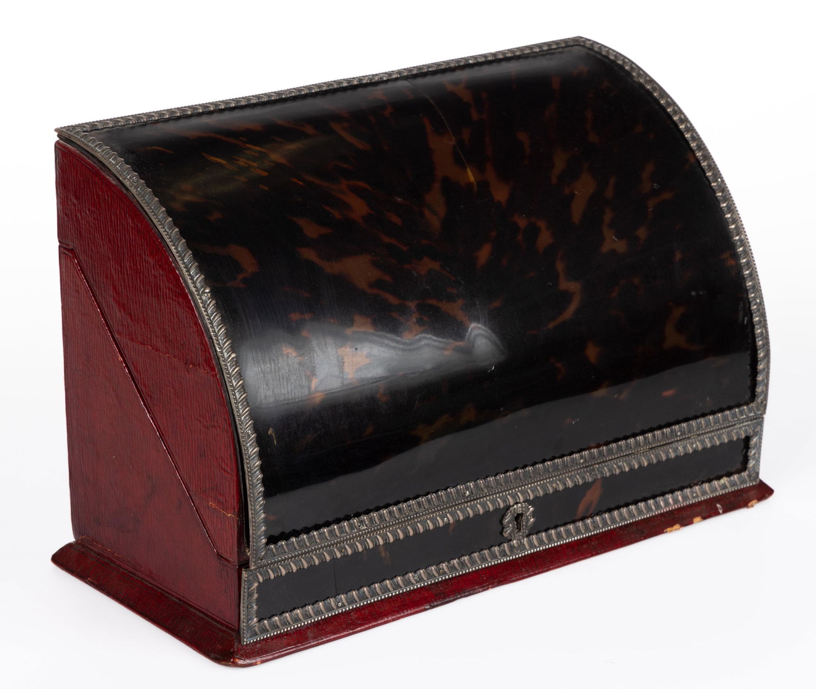 EDWARDIAN ENGLISH STERLING SILVER-TRIMMED AND TORTOISE SHELL LETTER BOX, semi-circular form with (1 of 3)