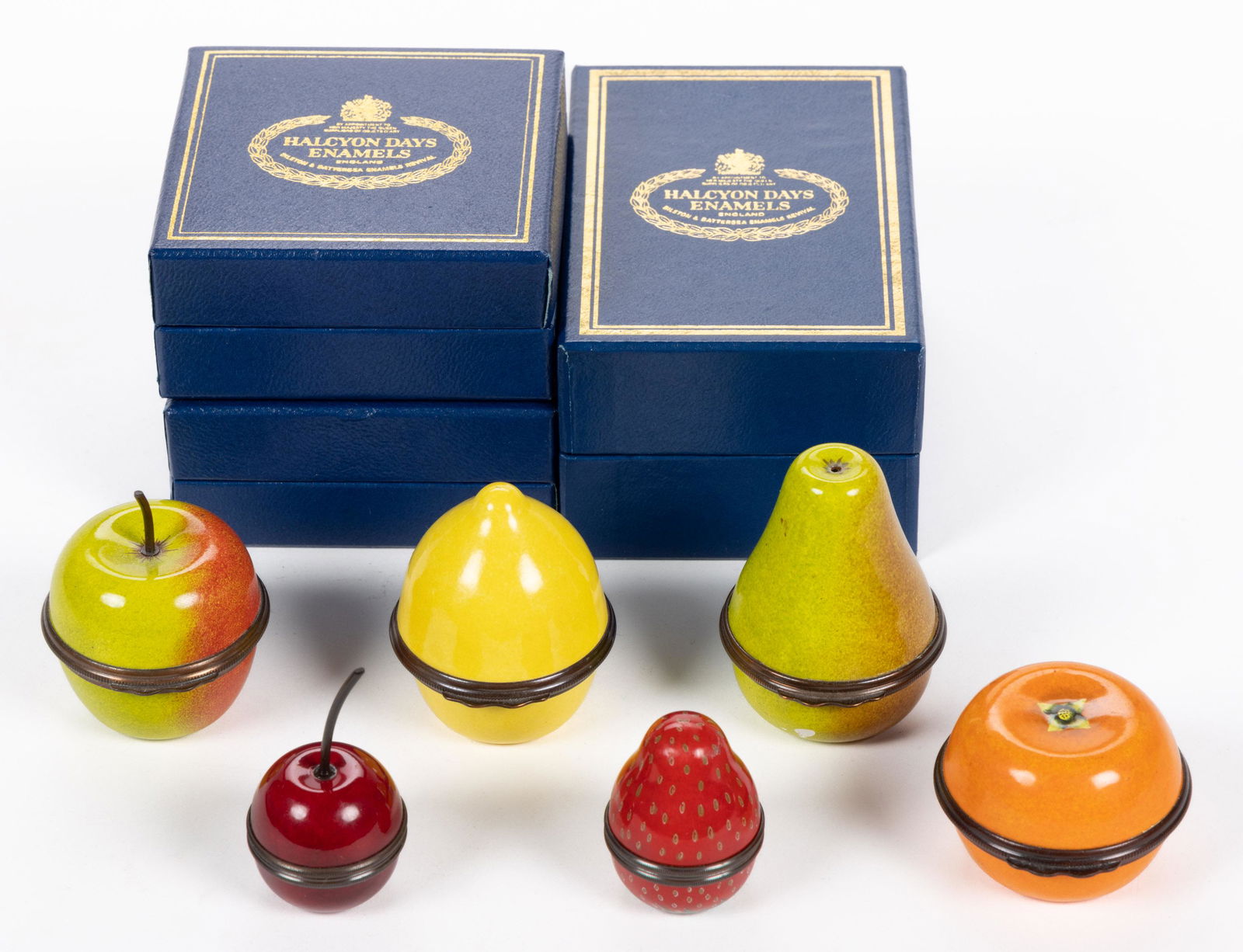 ENGLISH HALCYON DAYS FIGURAL FRUIT ENAMEL BOXES, LOT OF SIX, in the Bilston and Battersea (1 of 1)