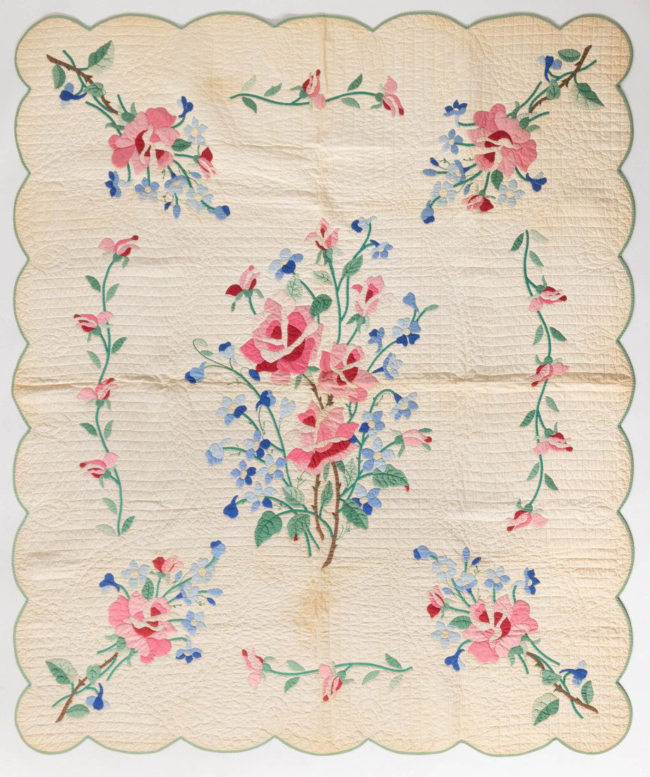 AMERICAN MID-CENTURY FLORAL APPLIQUE KIT QUILT, hand-stitched, white ground having applique rose (1 of 6)