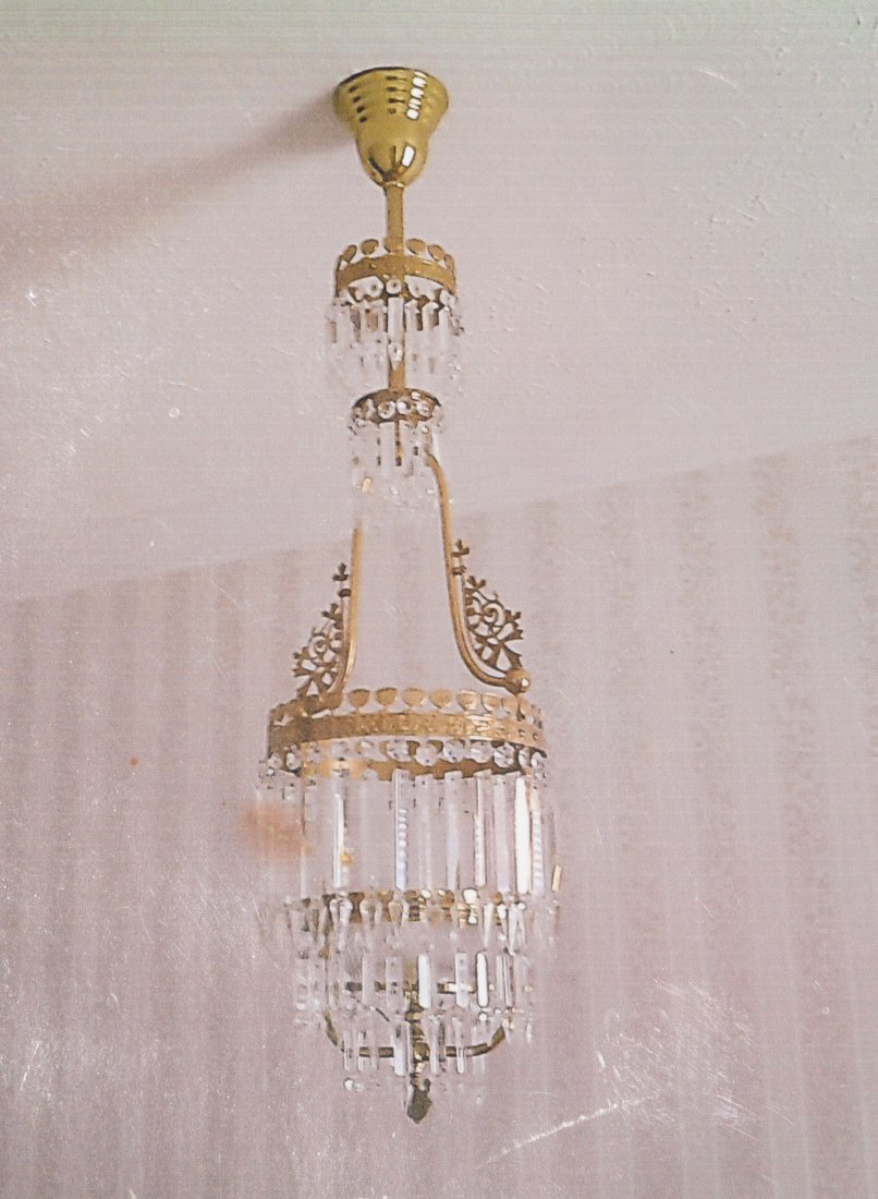 STAMPED BRASS AND GLASS GAS CHANDELIER, interior clamwater ball shade, exterior acid-etched (1 of 4)