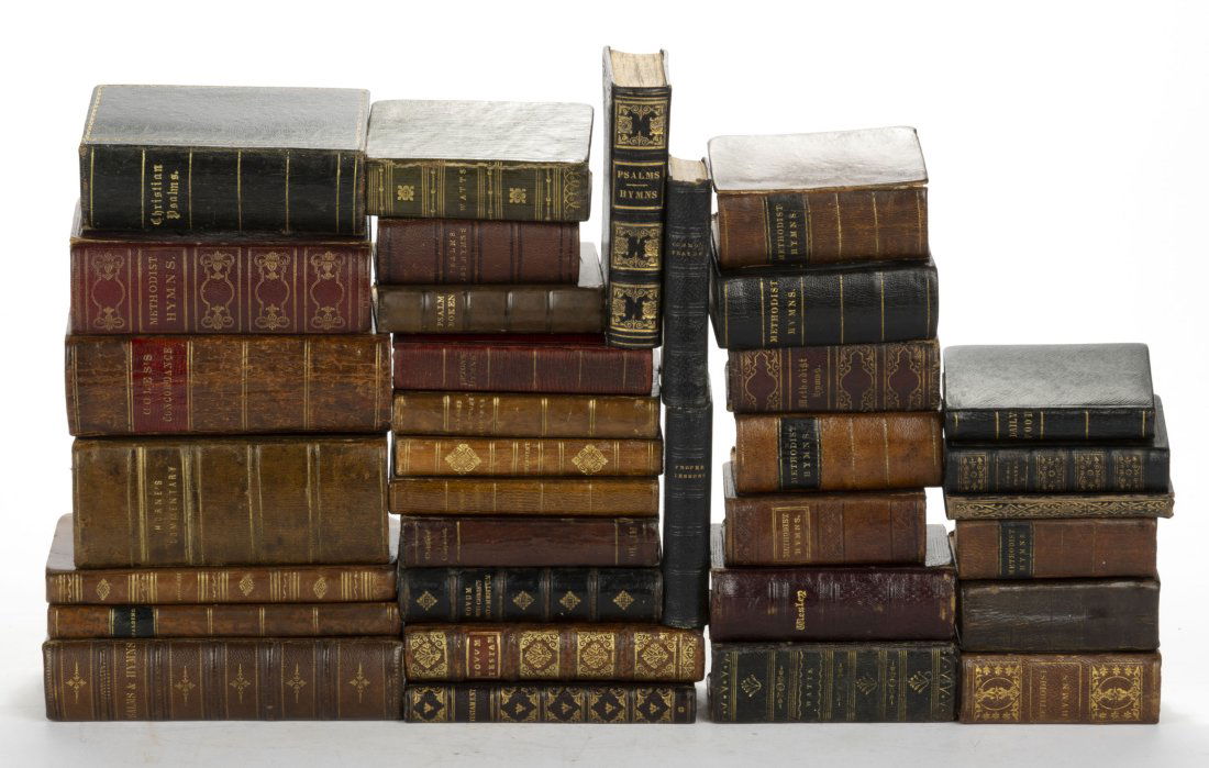 ANTIQUARIAN FINE-BINDING VOLUMES, LOT OF 34, religious in nature, including many Methodist Hymnals, (1 of 1)