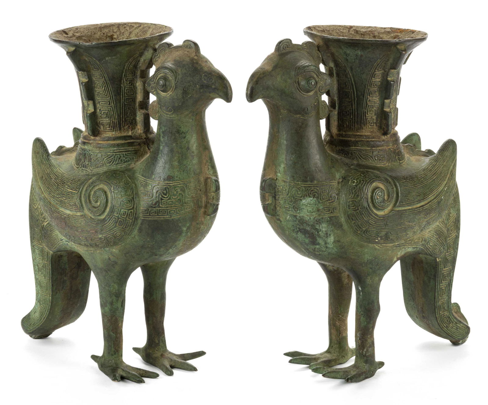 CHINESE ARCHAIC BRONZE BIRD "TSUN" VESSELS, PAIR, each having crested head, chest (1 of 4)