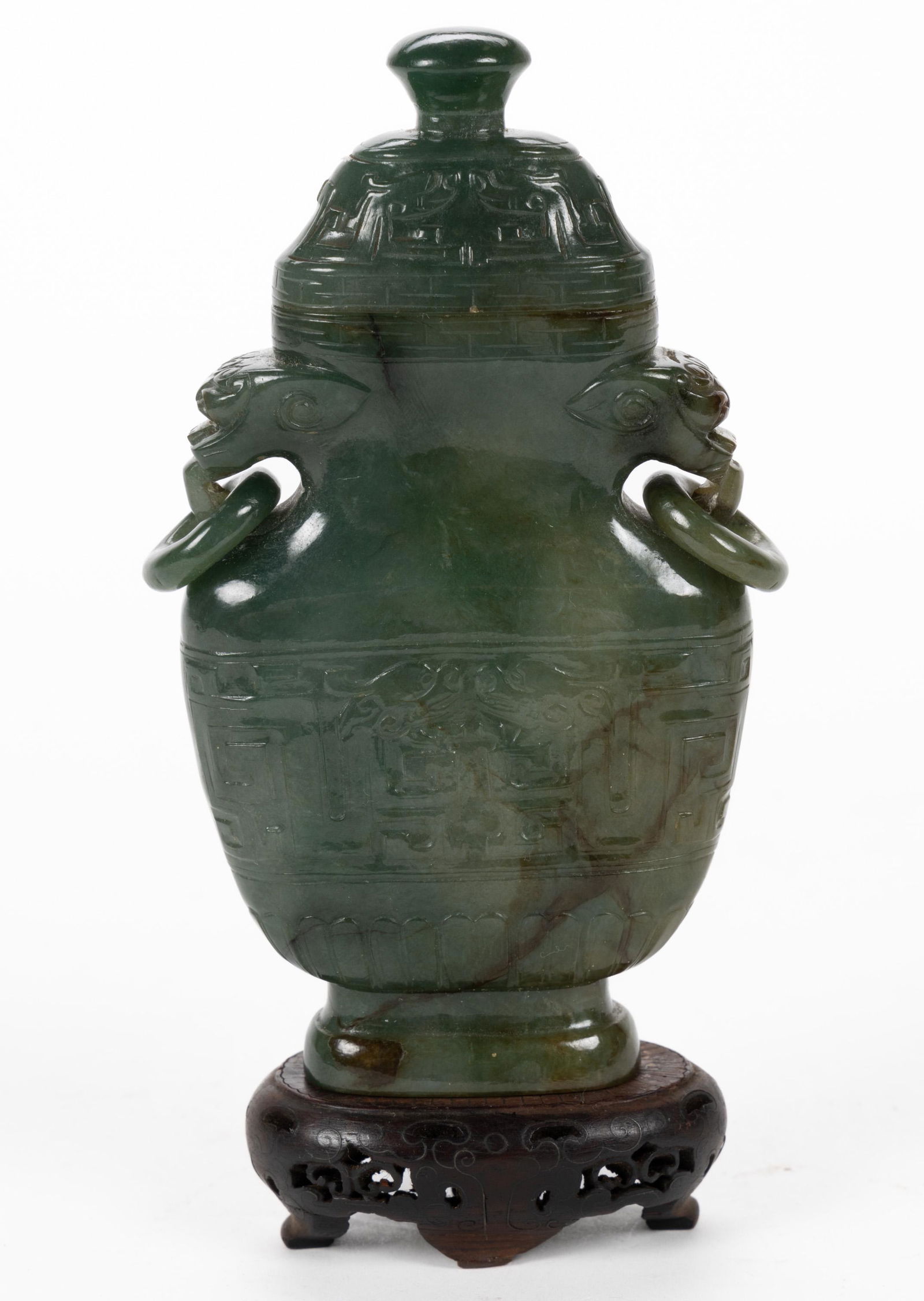 CHINESE CARVED JADE / JADEITE COVERED CABINET VASE, ovoid form with low relief carving to sides (1 of 7)