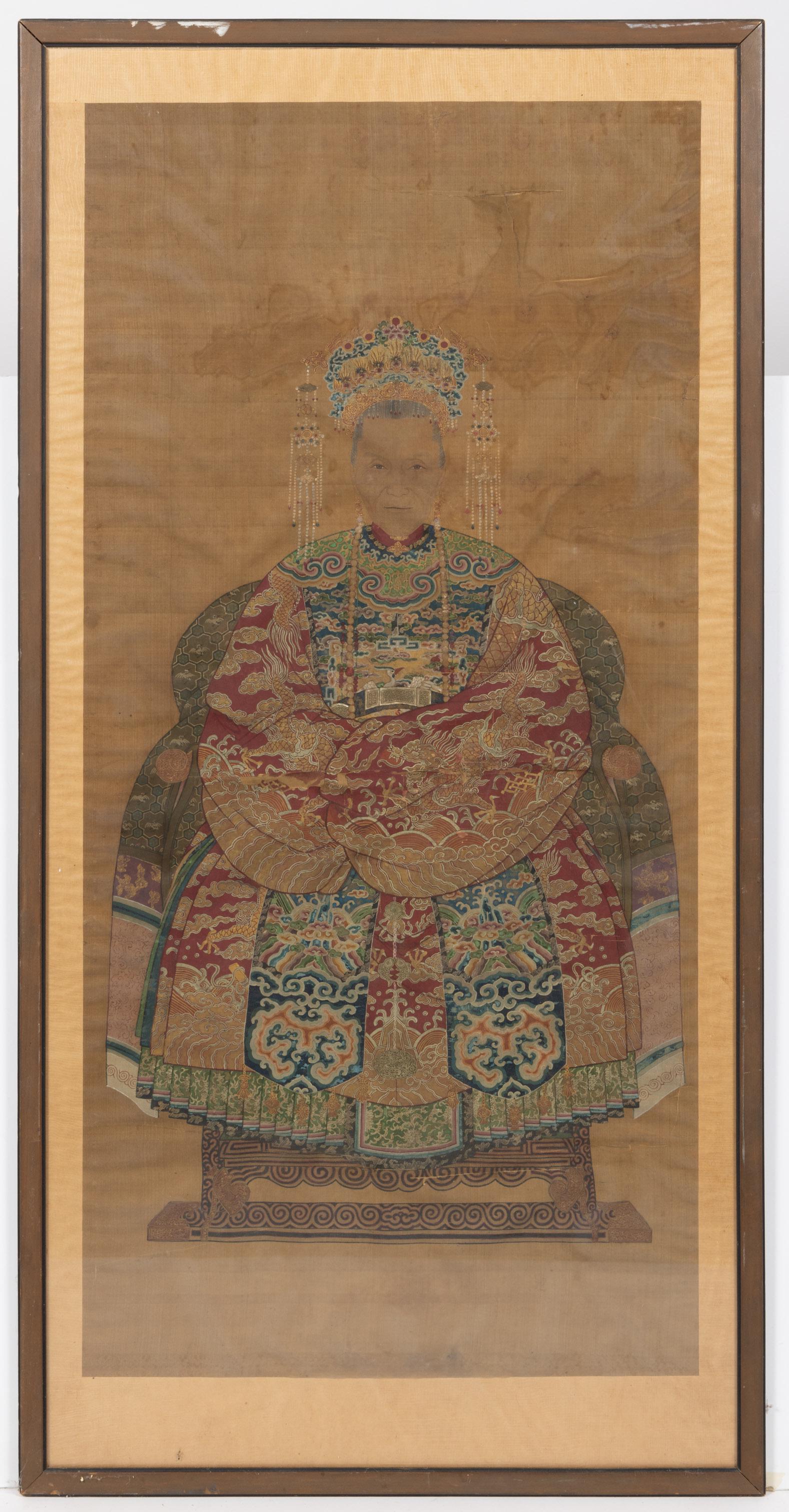 CHINESE QING DYNASTY ANCESTOR PORTRAIT PAINTING, watercolor on silk with gilt highlights,: CHINESE QING DYNASTY ANCESTOR PORTRAIT PAINTING, watercolor on silk with gilt highlights, depicting a regal figure in elaborate costume including headdress hung with strands of beads, robe decora