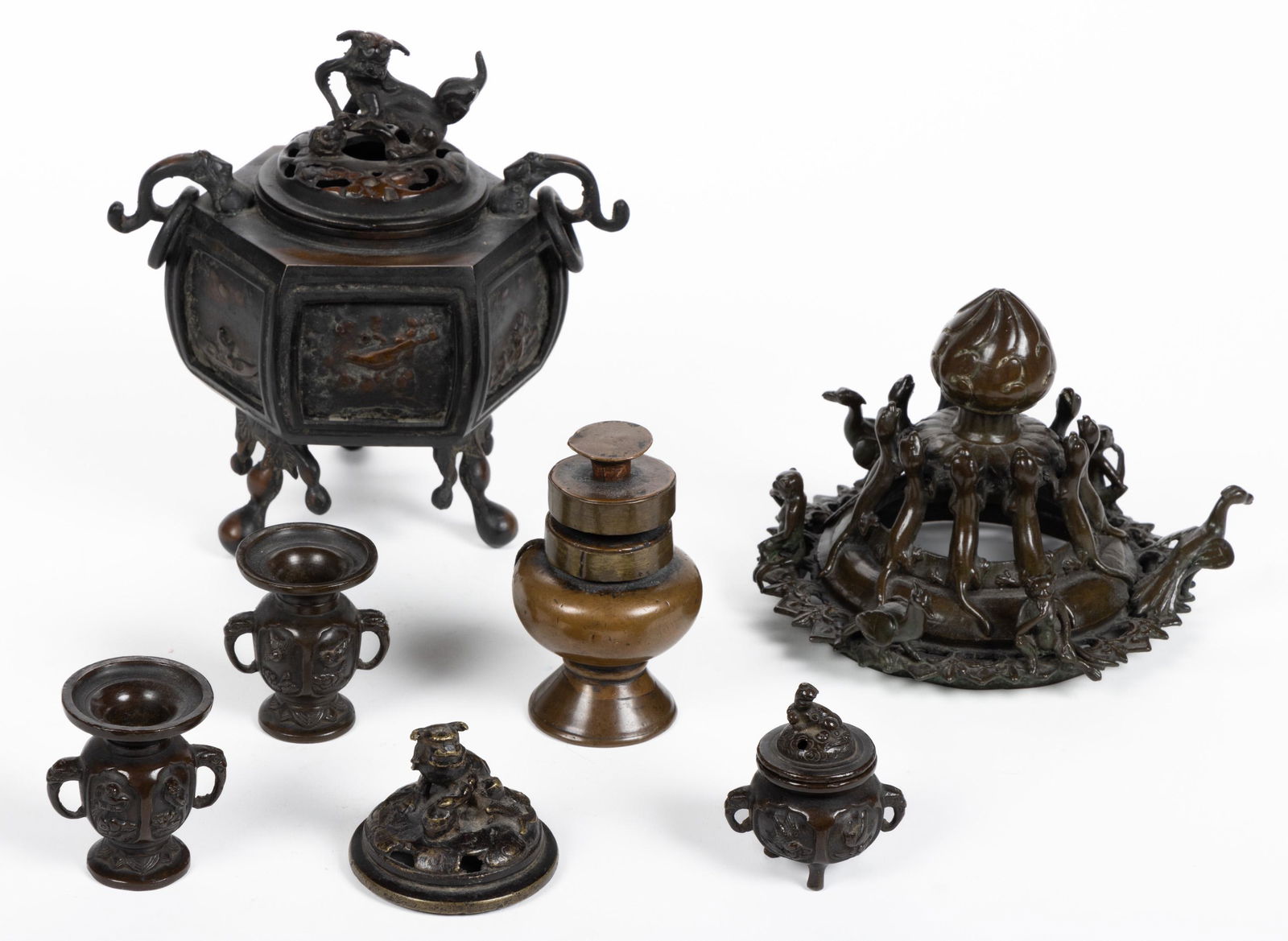 CHINESE / ASIAN BRONZE ARTICLES, LOT OF SEVEN, comprising a censer with various bas-relief paneled (1 of 12)