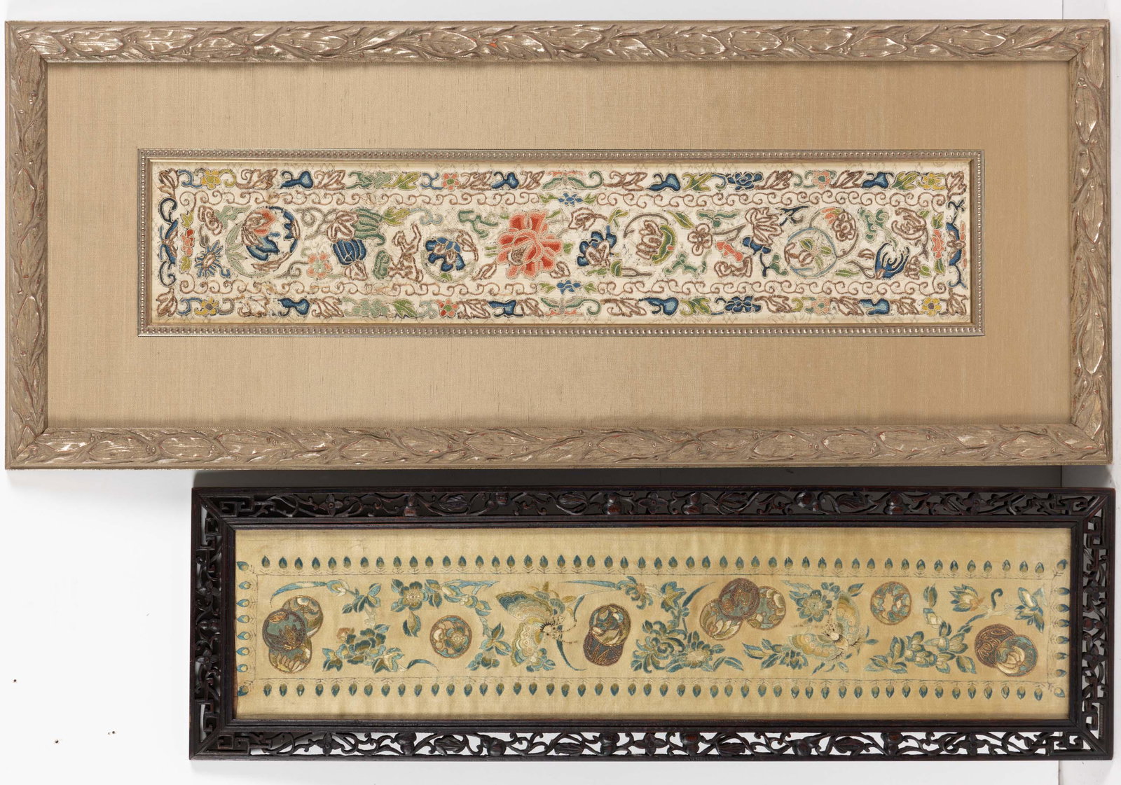CHINESE EMBROIDERED SILK PANELS, LOT OF TWO, silk and gilt-thread on silk, comprising one having a: CHINESE EMBROIDERED SILK PANELS, LOT OF TWO, silk and gilt-thread on silk, comprising one having a floral and medallion design with butterflies and a peacock-type feather border, and the other ha