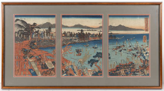 UTAGAWA YOSHITORA (JAPANESE, ACTIVE C. 1836-1887) BATTLE SCENE WOODBLOCK PRINT TRIPTYCH, a battle: UTAGAWA YOSHITORA (JAPANESE, ACTIVE C. 1836-1887) BATTLE SCENE WOODBLOCK PRINT TRIPTYCH, a battle scene at the banks of the Uji River, showing soldiers with swords and shields in the foreground and ar