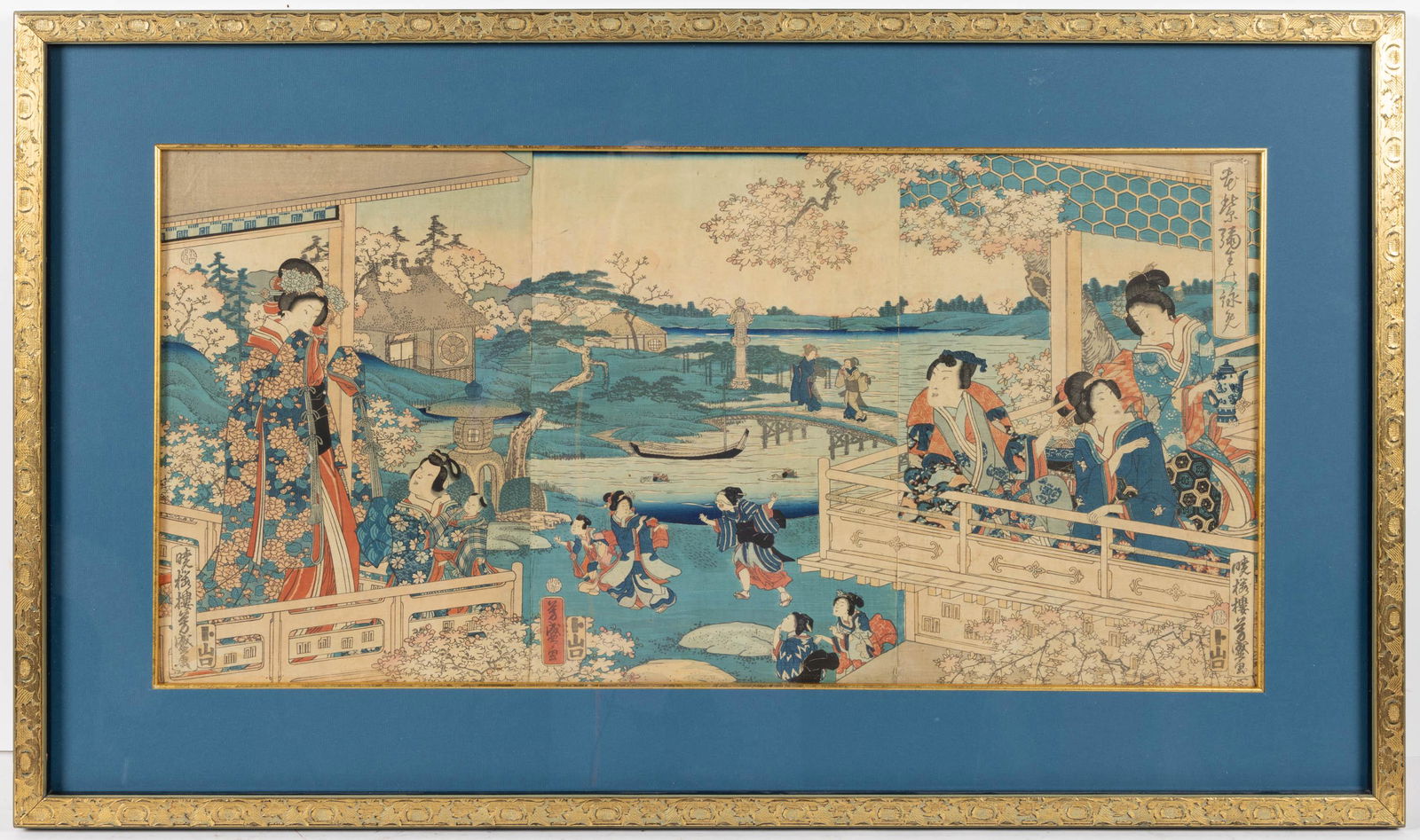 JAPANESE WOODBLOCK PRINT TRIPTYCH, outdoor scene with figures including children, featuring (1 of 3)
