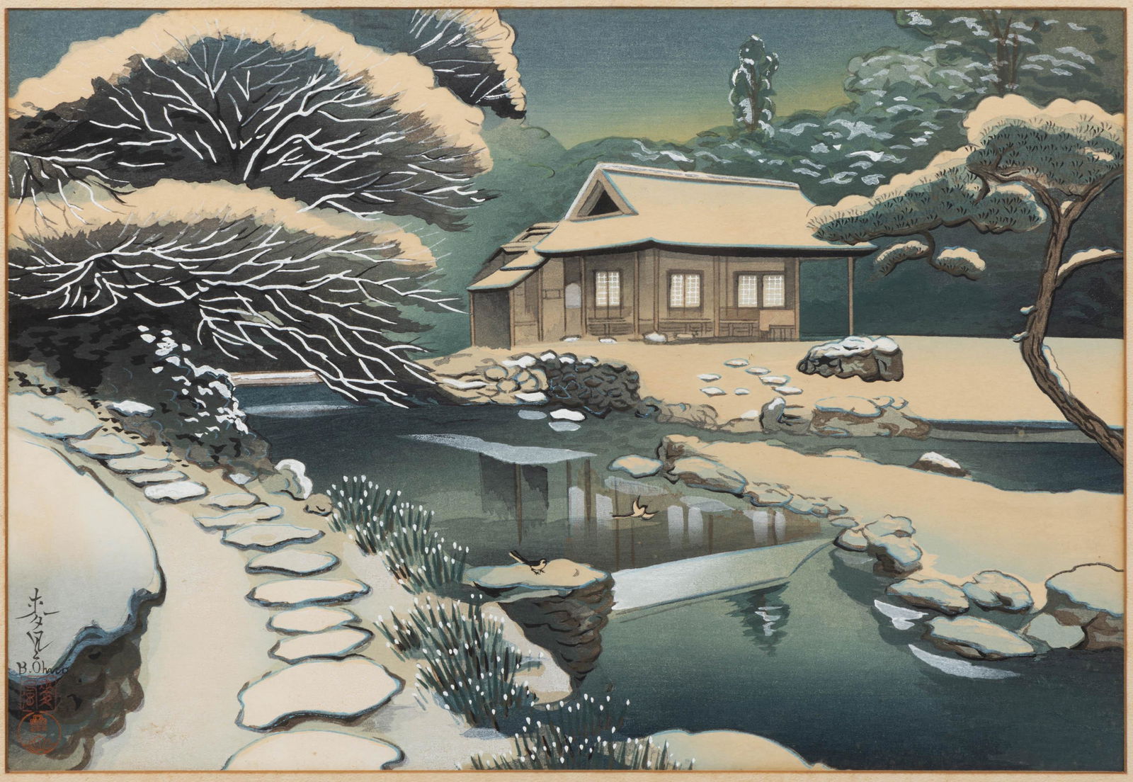 BAKUFU OHNO (JAPANESE, 1888-1976) "TEA HOUSE IN SNOW" WOODBLOCK PRINT, depicting a winter (1 of 4)