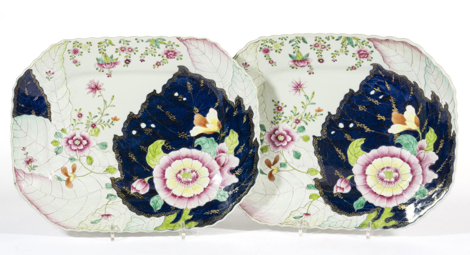 CHINESE EXPORT PORCELAIN FAMILLE ROSE TOBACCO LEAF PAIR OF PLATTERS, rectangular form with (1 of 2)