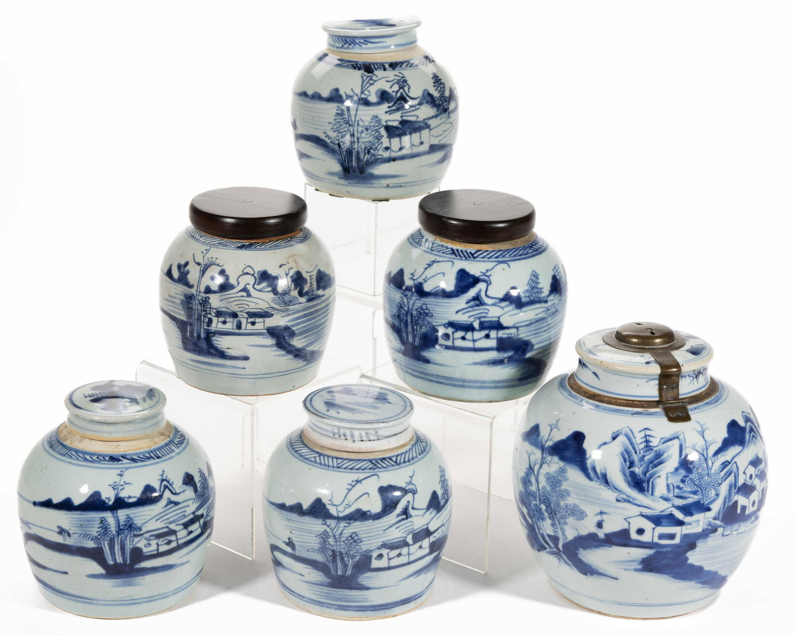 CHINESE EXPORT PORCELAIN HAND-PAINTED BLUE AND WHITE GINGER JARS, LOT OF SIX, comprising five (1 of 2)