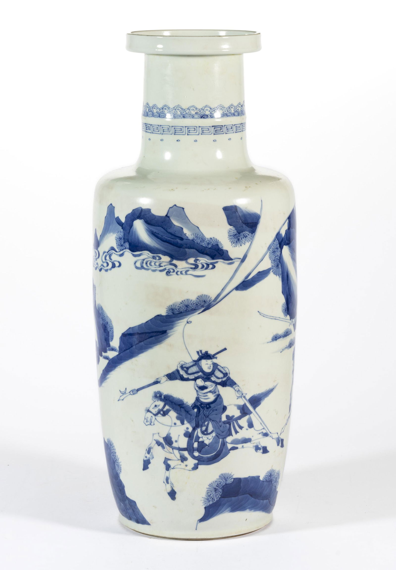 CHINESE EXPORT PORCELAIN BLUE AND WHITE LARGE VASE, rouleau form, depicting several warriors with (1 of 6)