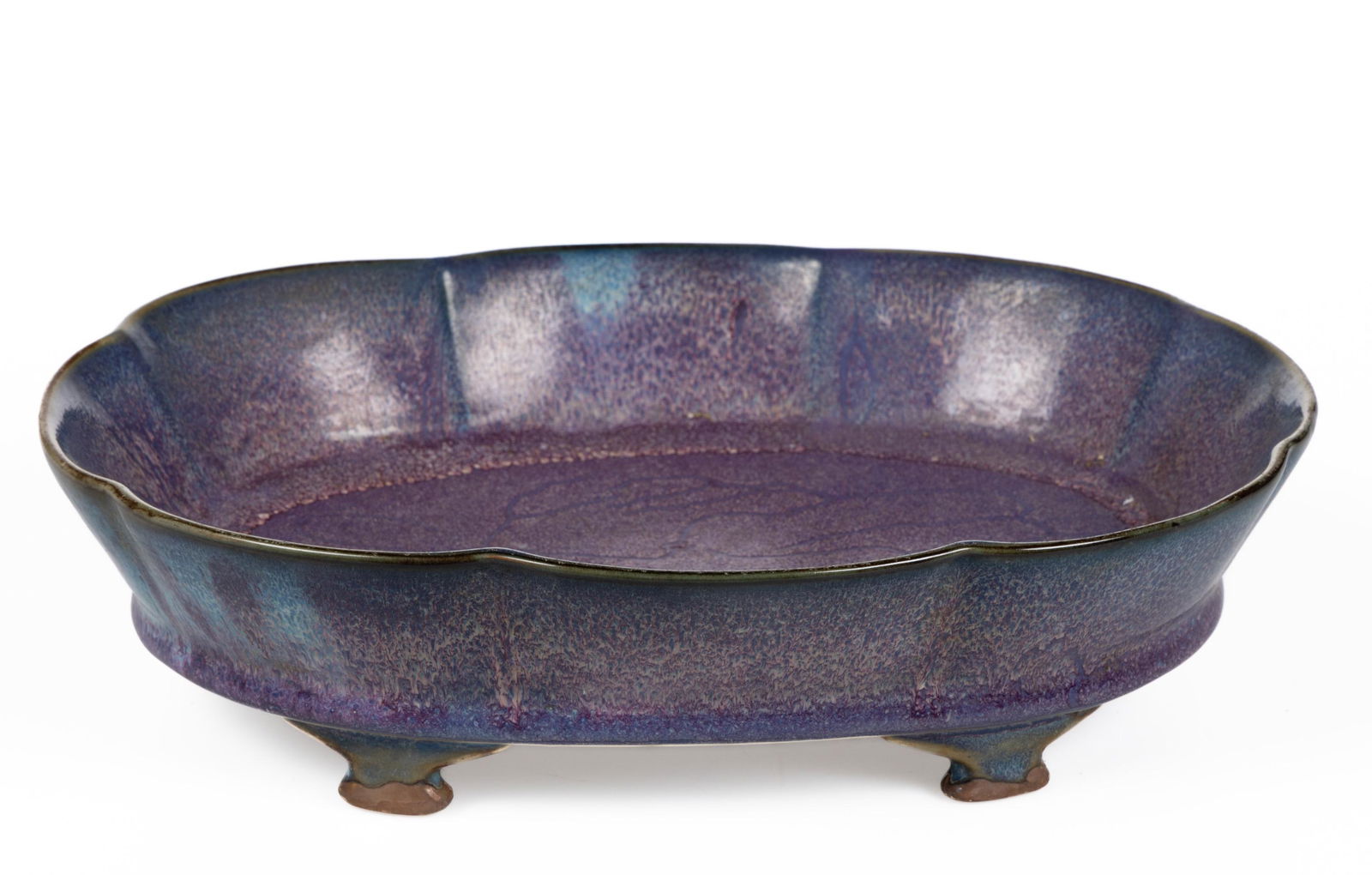 CHINESE EXPORT PORCELAIN JUN WARE WASHER, four-footed ovoid form with scalloped rim, having rich (1 of 3)