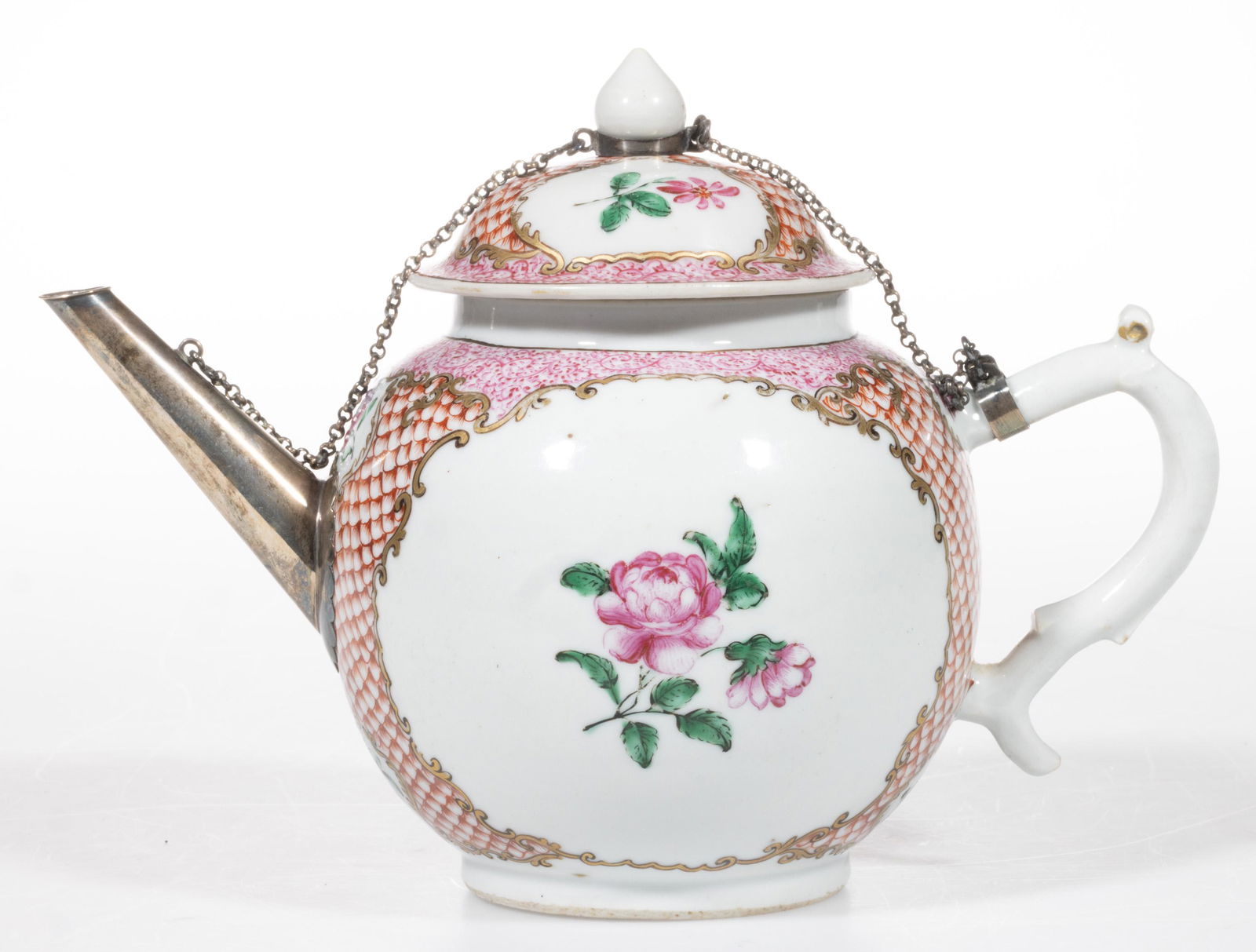 CHINESE EXPORT PORCELAIN TEAPOT, globular form, featuring polychrome hand-painted floral and pink (1 of 5)