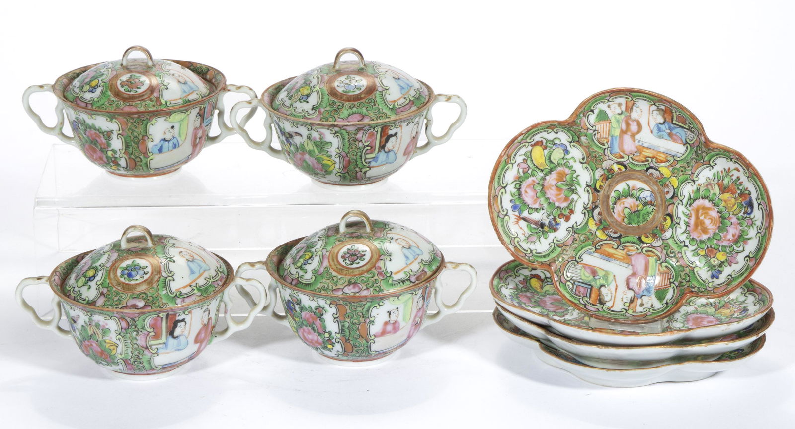 CHINESE EXPORT FAMILLE ROSE / ROSE MEDALLION PORCELAIN COVERED BOWLS AND SAUCER SETS, LOT OF FOUR, (1 of 3)