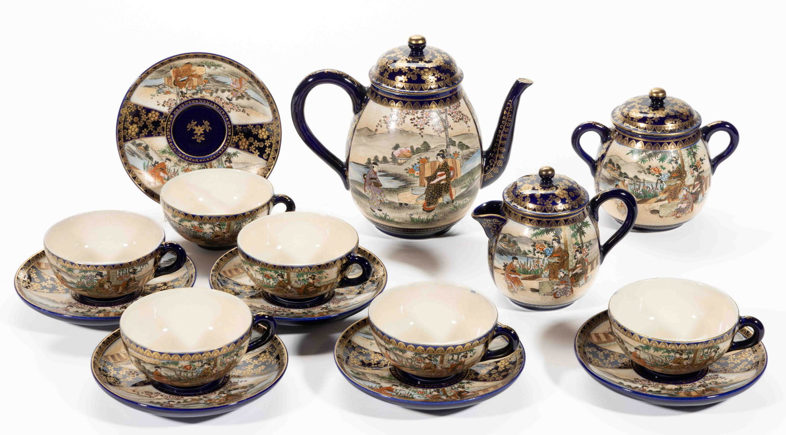 JAPANESE MEIJI-PERIOD SATSUMA HAND-PAINTED CERAMIC 15-PIECE TEA SET, comprising a teapot, a (1 of 1)