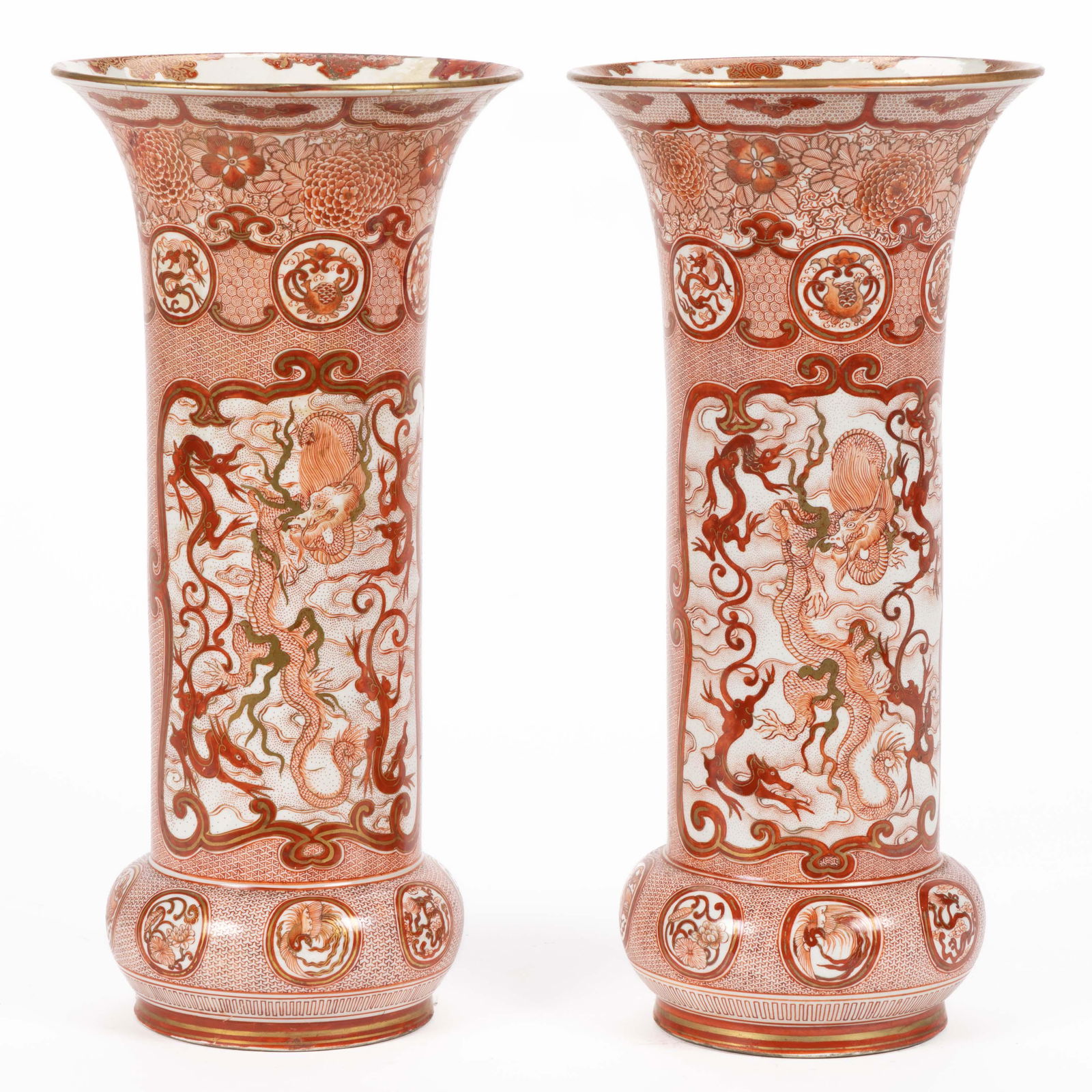 JAPANESE KUTANI IRON RED PORCELAIN PAIR OF VASES, each featuring two large panels including (1 of 6)
