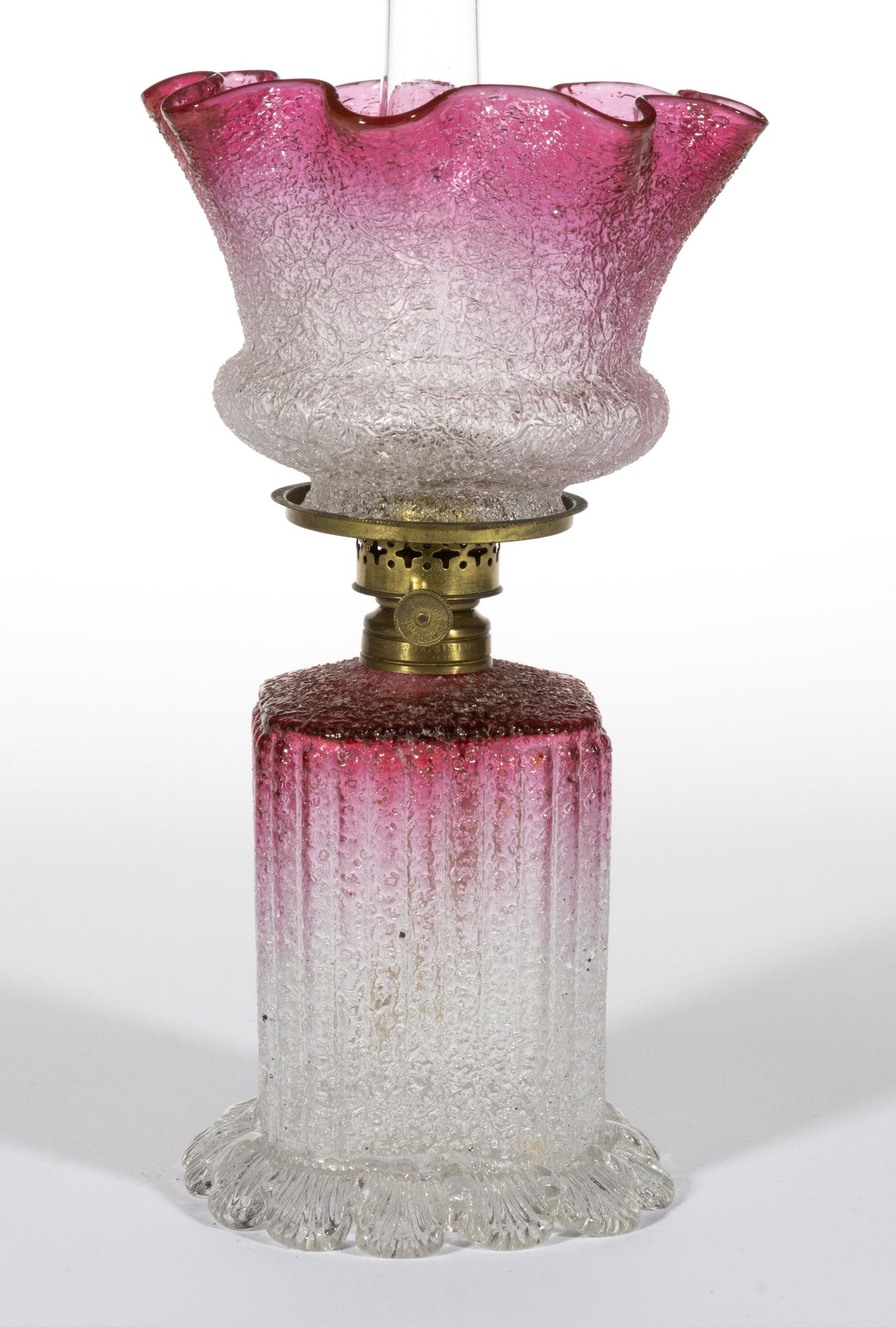 RIBBED OVERSHOT ART GLASS MINIATURE LAMP: RIBBED OVERSHOT ART GLASS MINIATURE LAMP, Rubina with colorless frit, square-form font with vertical ribs, applied colorless base with flared and flattened base in a lightly raised shel