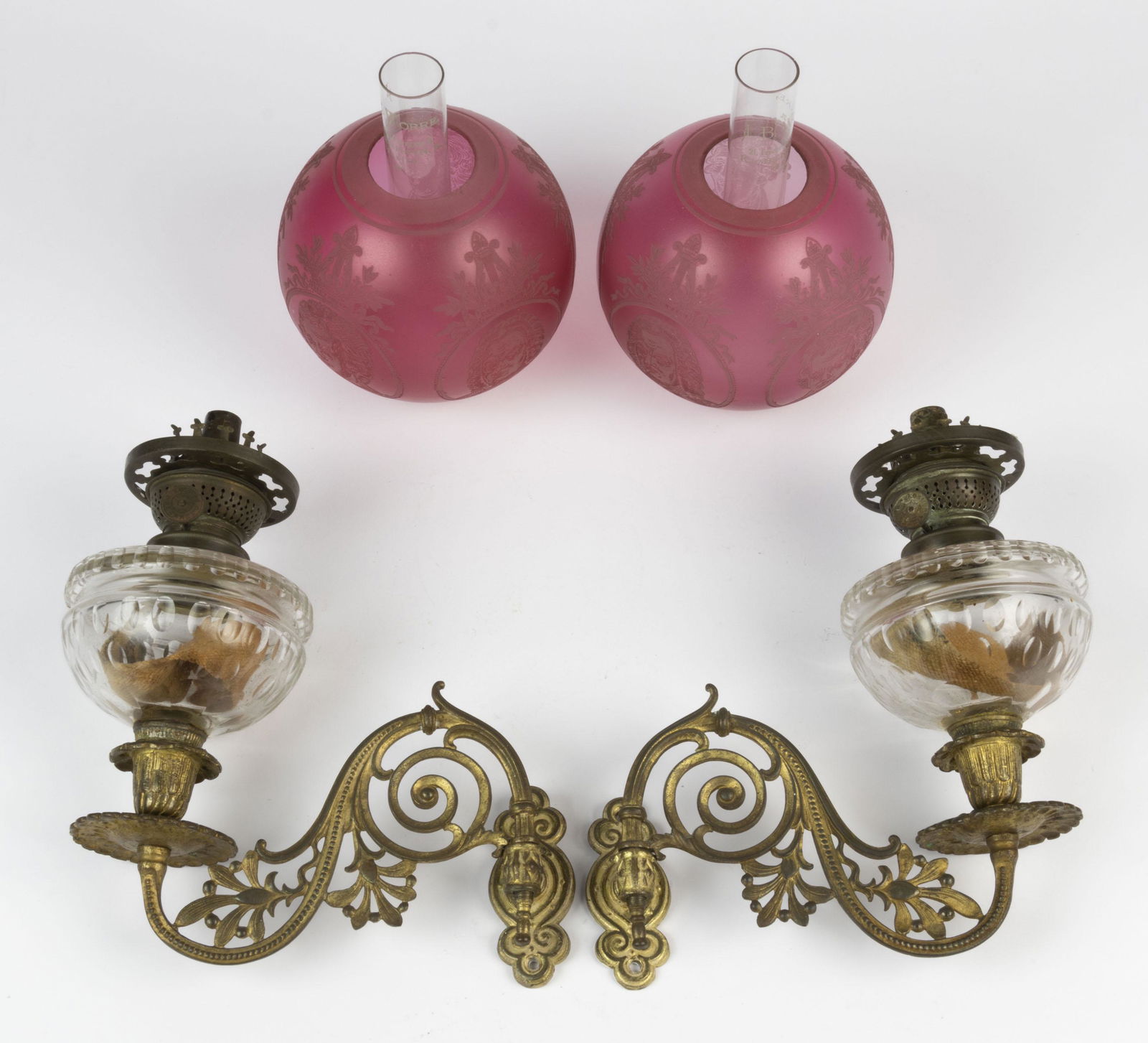 CUT GLASS JUNIOR PEG BRACKET LAMPS WITH MUSICAL COMPOSER SHADES, PAIR (1 of 3)