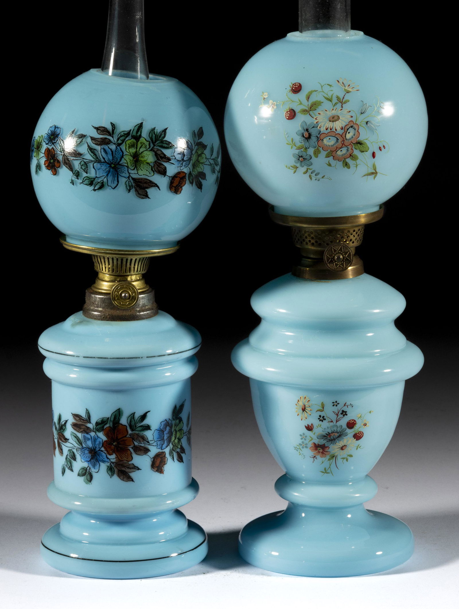 ASSORTED VICTORIAN DECORATED OPAQUE GLASS MINIATURE LAMPS, LOT OF TWO (1 of 1)