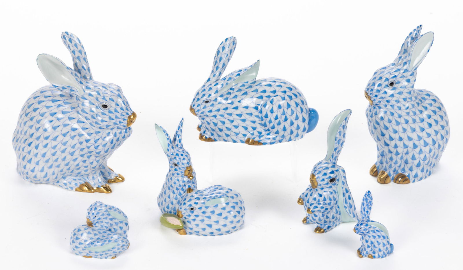 HUNGARIAN HEREND PORCELAIN FISHNET RABBIT FIGURES, LOT OF SEVEN (1 of 1)