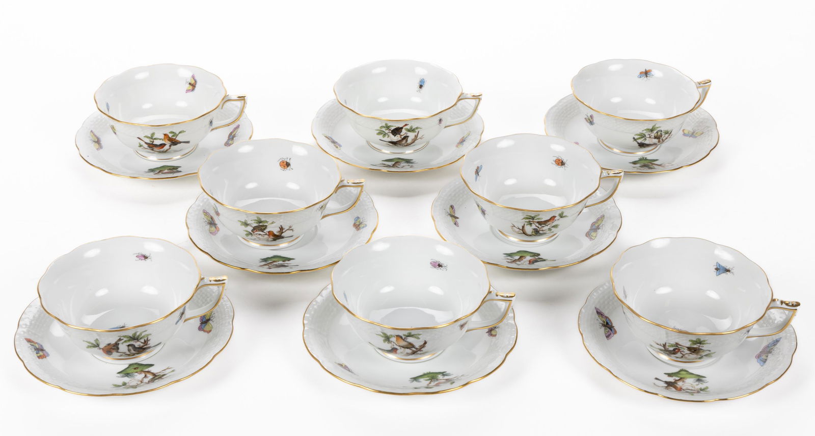 HUNGARIAN HEREND "ROTHSCHILD BIRD" PORCELAIN CUP AND SAUCER SETS, LOT OF EIGHT (1 of 1)