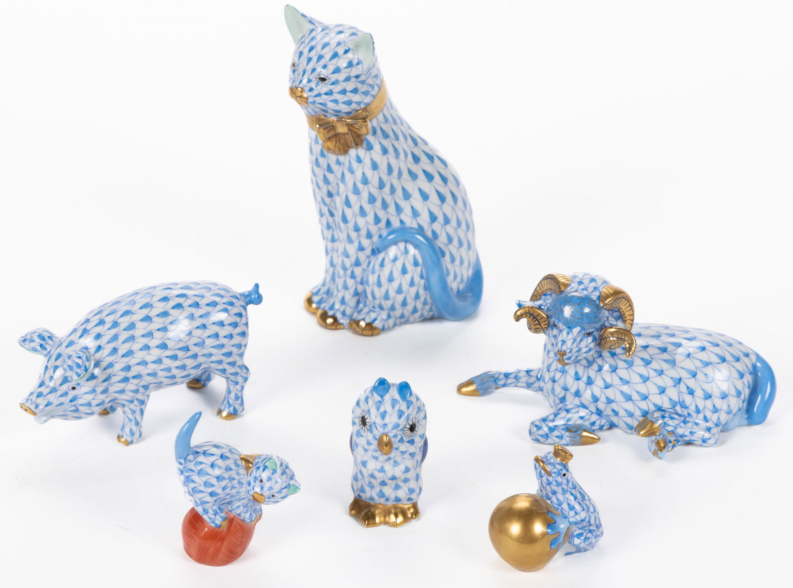 HUNGARIAN HEREND PORCELAIN FISHNET ANIMAL FIGURES, LOT OF SIX (1 of 1)