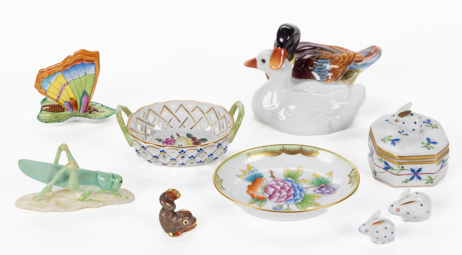 HUNGARIAN HEREND HAND-PAINTED PORCELAIN ARTICLES, LOT OF NINE (1 of 1)