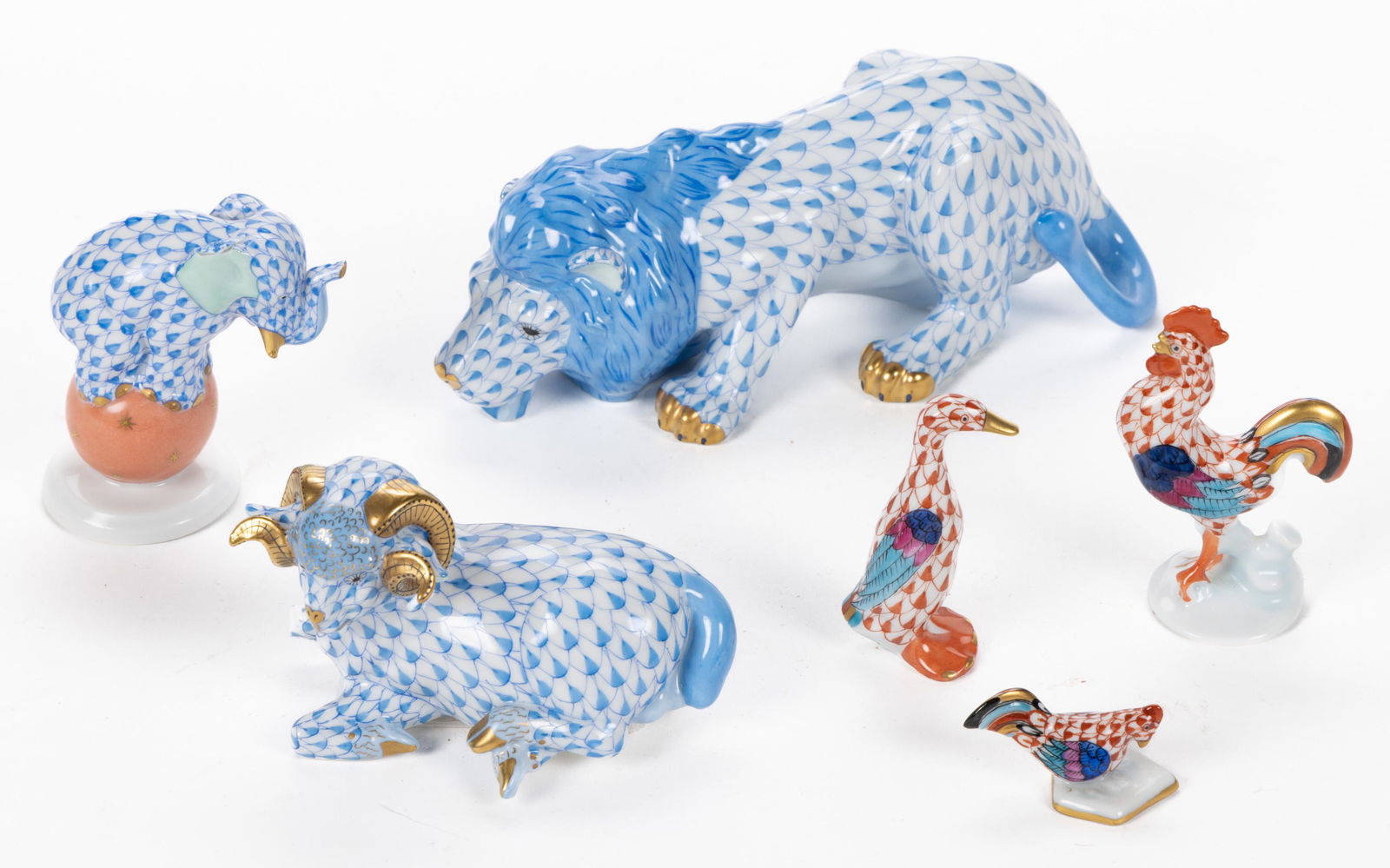 HUNGARIAN HEREND PORCELAIN FISHNET ANIMAL FIGURES, LOT OF SIX (1 of 1)