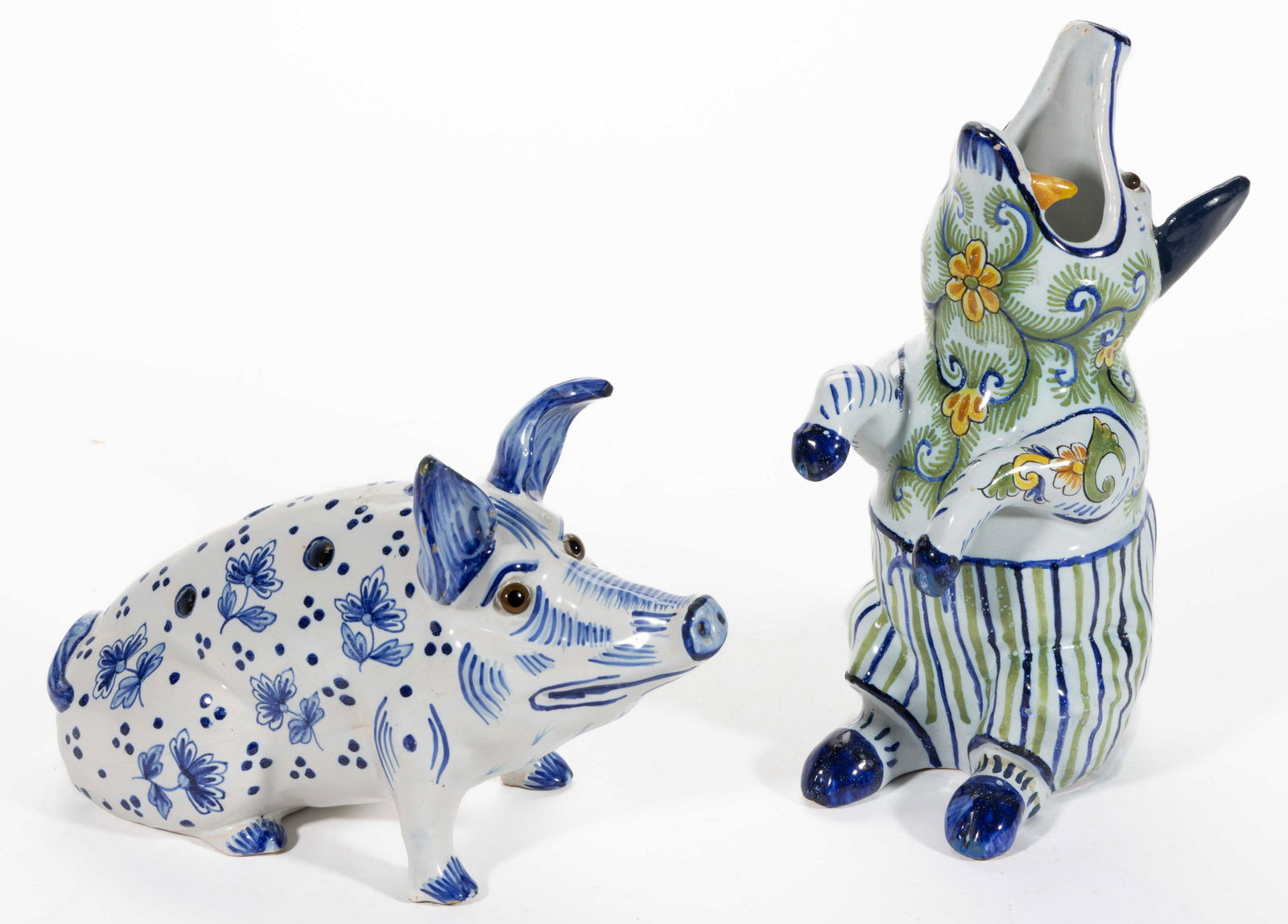 DUTCH DELFT TIN-GLAZED HAND-PAINTED EARTHENWARE FIGURAL PIGS, LOT OF TWO (1 of 4)