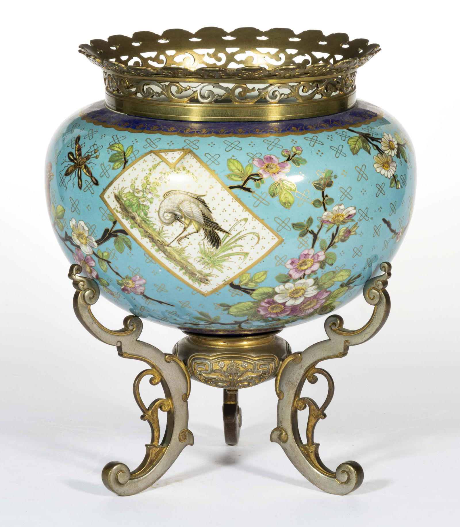 FRENCH PORCELAIN JARDINIERE WITH GILT- AND SILVER-BRONZED TRI-FOOTED STAND (1 of 4)