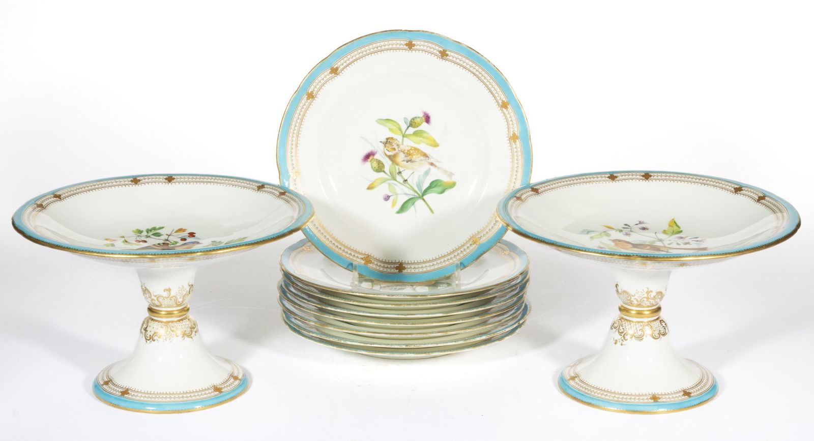 ENGLISH MINTON PORCELAIN FLORA AND FAUNA MOTIF TEN-PIECE DESSERT SET, (1 of 3)