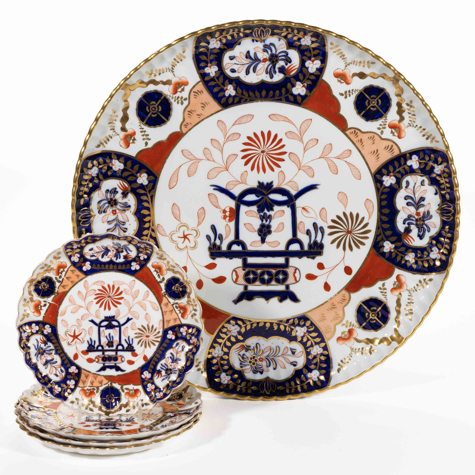 ENGLISH IMARI-STYLE HAND-PAINTED CERAMIC FIVE-PIECE TRAY AND PLATE SET (1 of 4)