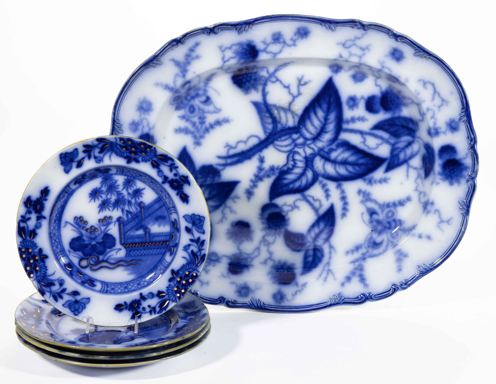 ENGLISH FLOW BLUE TRANSFER-PRINTED CERAMIC TABLE ARTICLES, LOT OF FIVE (1 of 3)