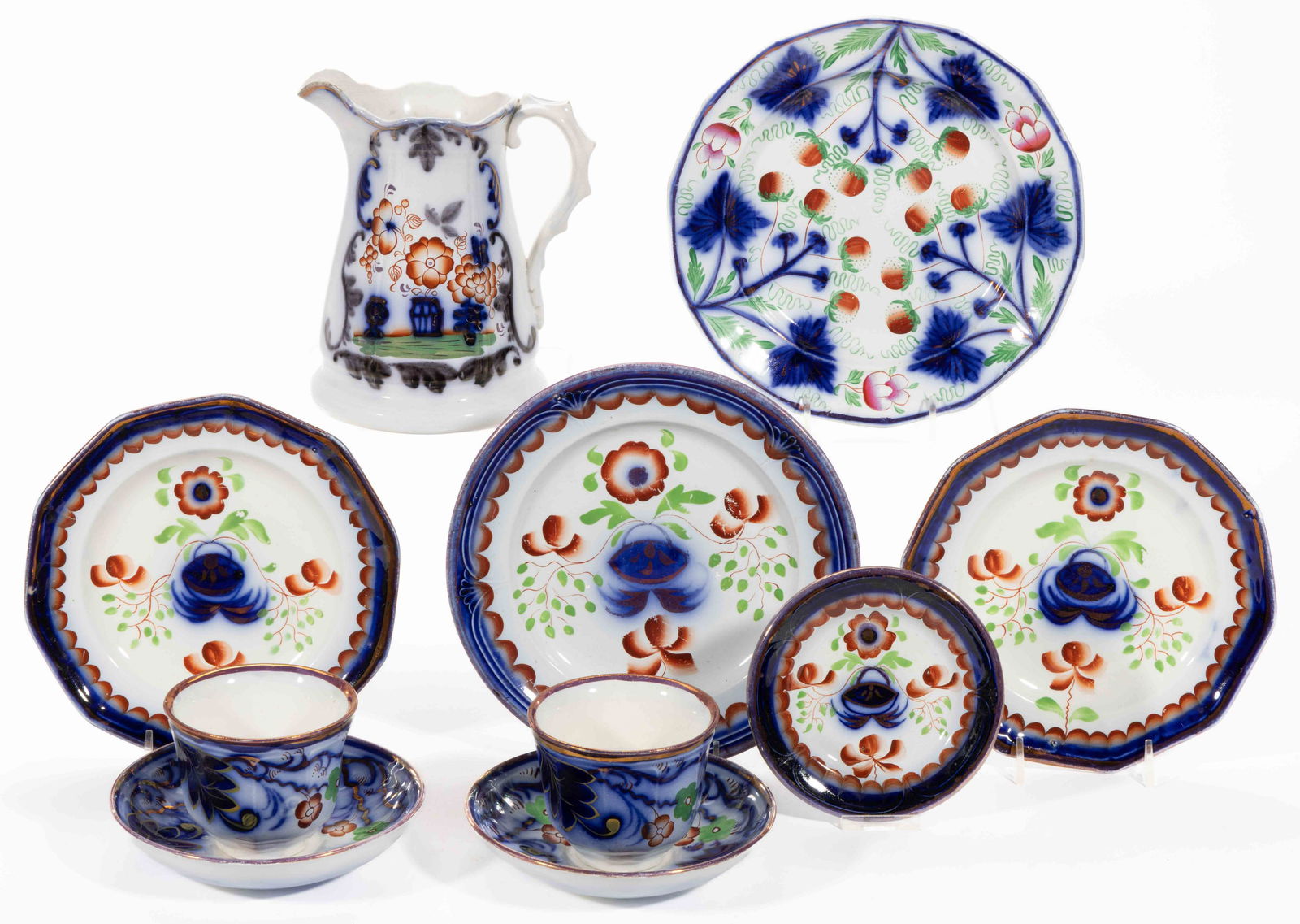 BRITISH GAUDY WELSH-STYLE HAND-PAINTED CERAMIC TEA AND TABLE ARTICLES, LOT OF TEN (1 of 1)