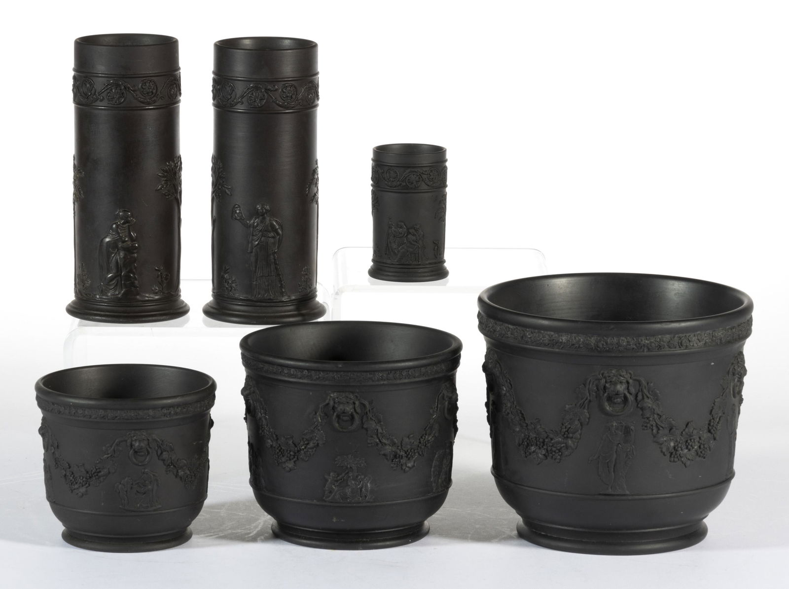 WEDGWOOD BLACK BASALT DRY-BODIED STONEWARE ARTICLES, LOT OF SIX (1 of 1)