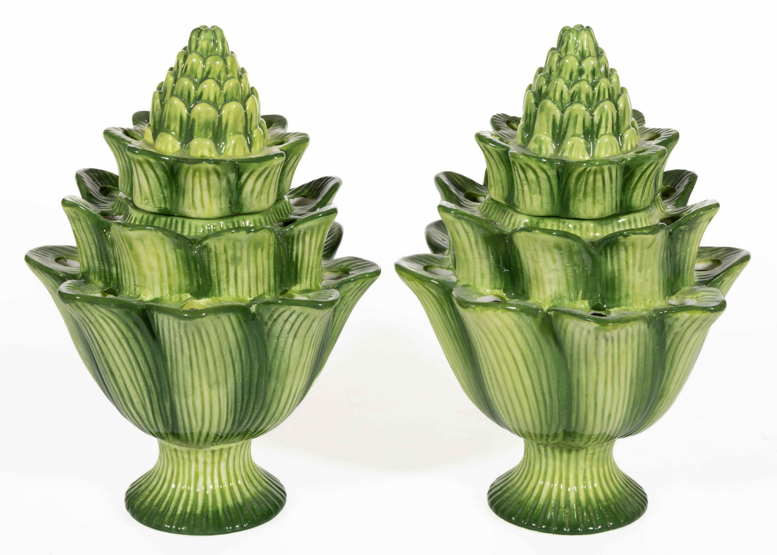 CONTEMPORARY HAND-PAINTED CERAMIC FIGURAL ARTICHOKE TULIPIERE / FLOWER FROG, LOT OF TWO (1 of 1)