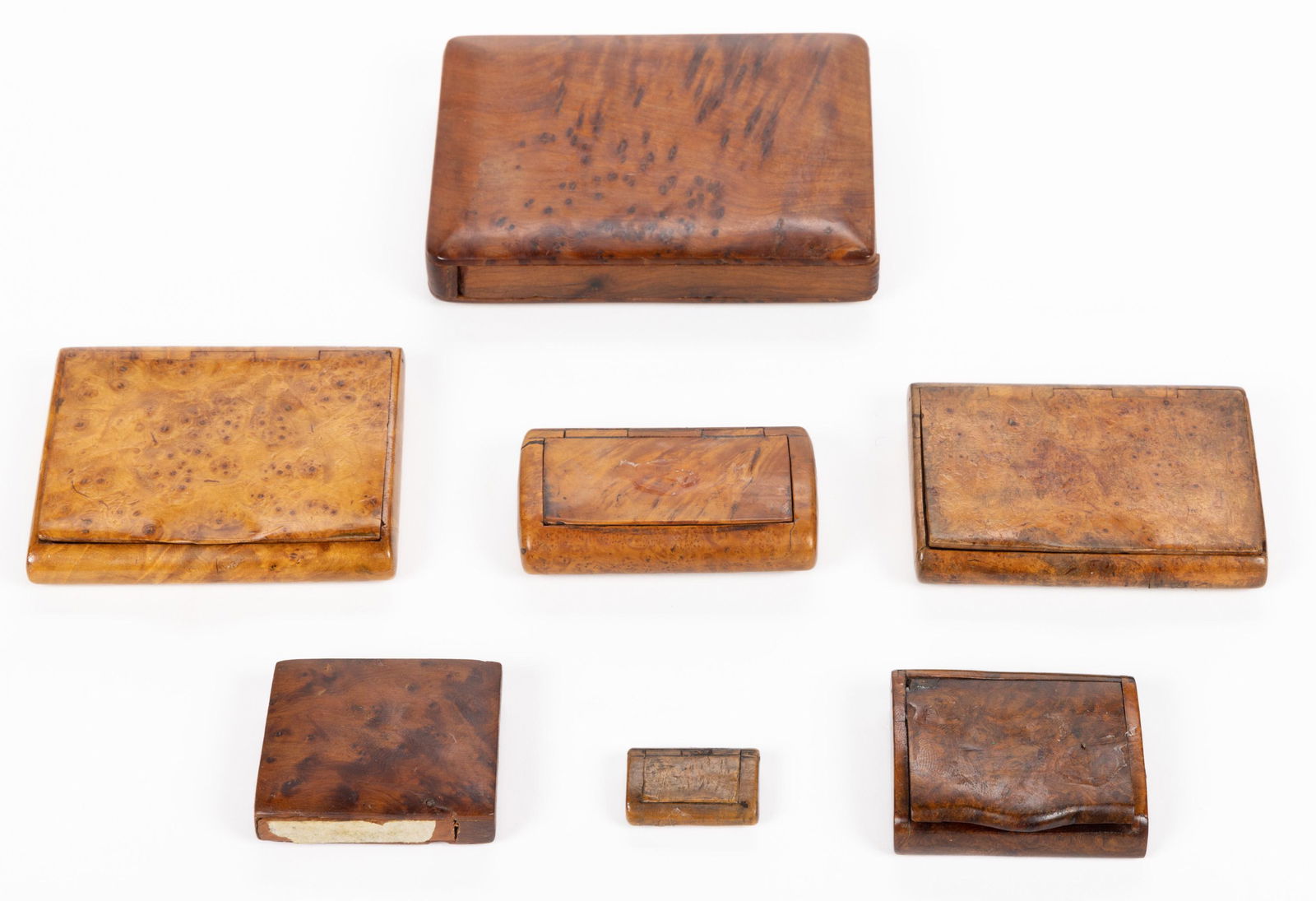ANTIQUE BURLWOOD SNUFF/ MATCH BOXES, LOT OF SEVEN (1 of 2)