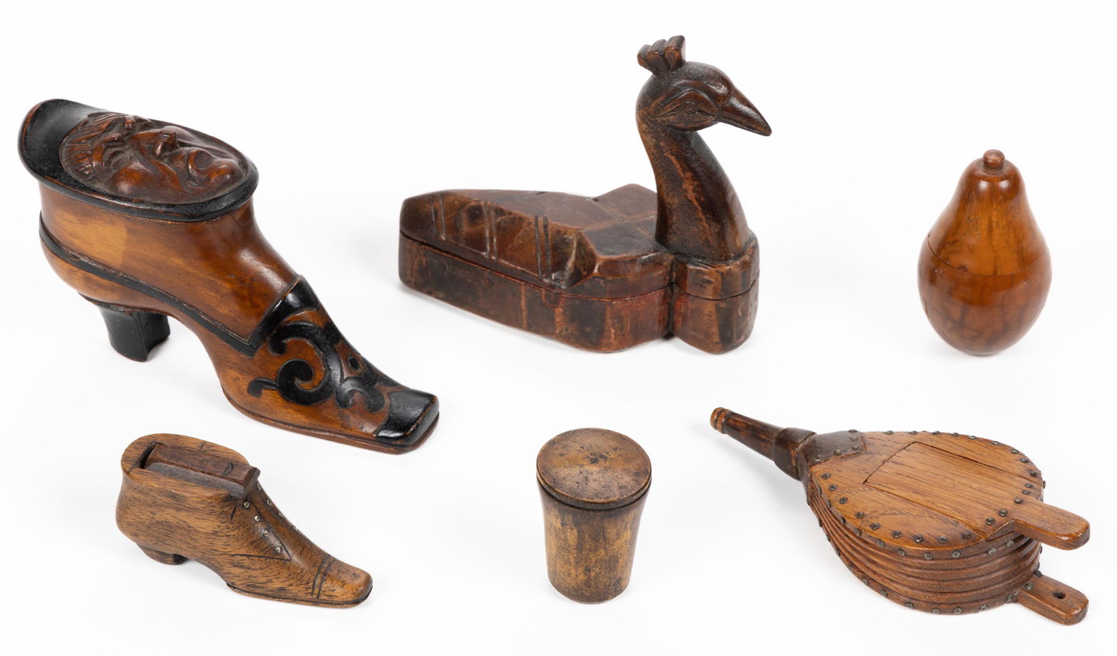 ANTIQUE TREEN FIGURAL BOXES, LOT OF SIX (1 of 3)