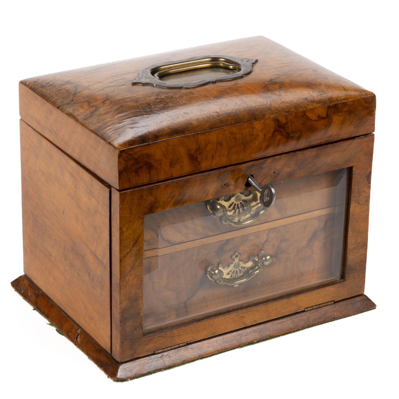 EDWARDIAN BURLWOOD JEWEL CASKET: EDWARDIAN BURLWOOD JEWEL CASKET, featuring hinged lid and fall front concealing a fitted interior and two drawers. Retains an old surface with warm color. Second half 19th century. 6 1/2" H. From