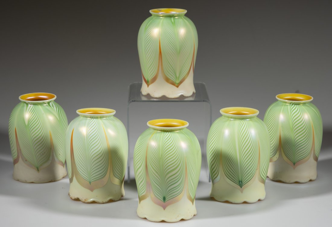 GILT-BRONZE NEOCLASSICAL ELECTRIC CHANDELIER WITH STEUBEN SHADES (1 of 3)