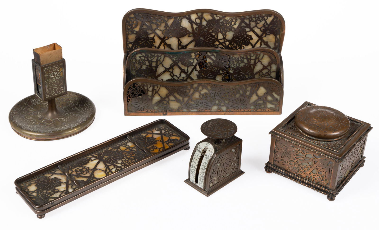 TIFFANY STUDIOS GRAPEVINE BRONZE DESK ARTICLES, LOT OF FIVE (1 of 6)