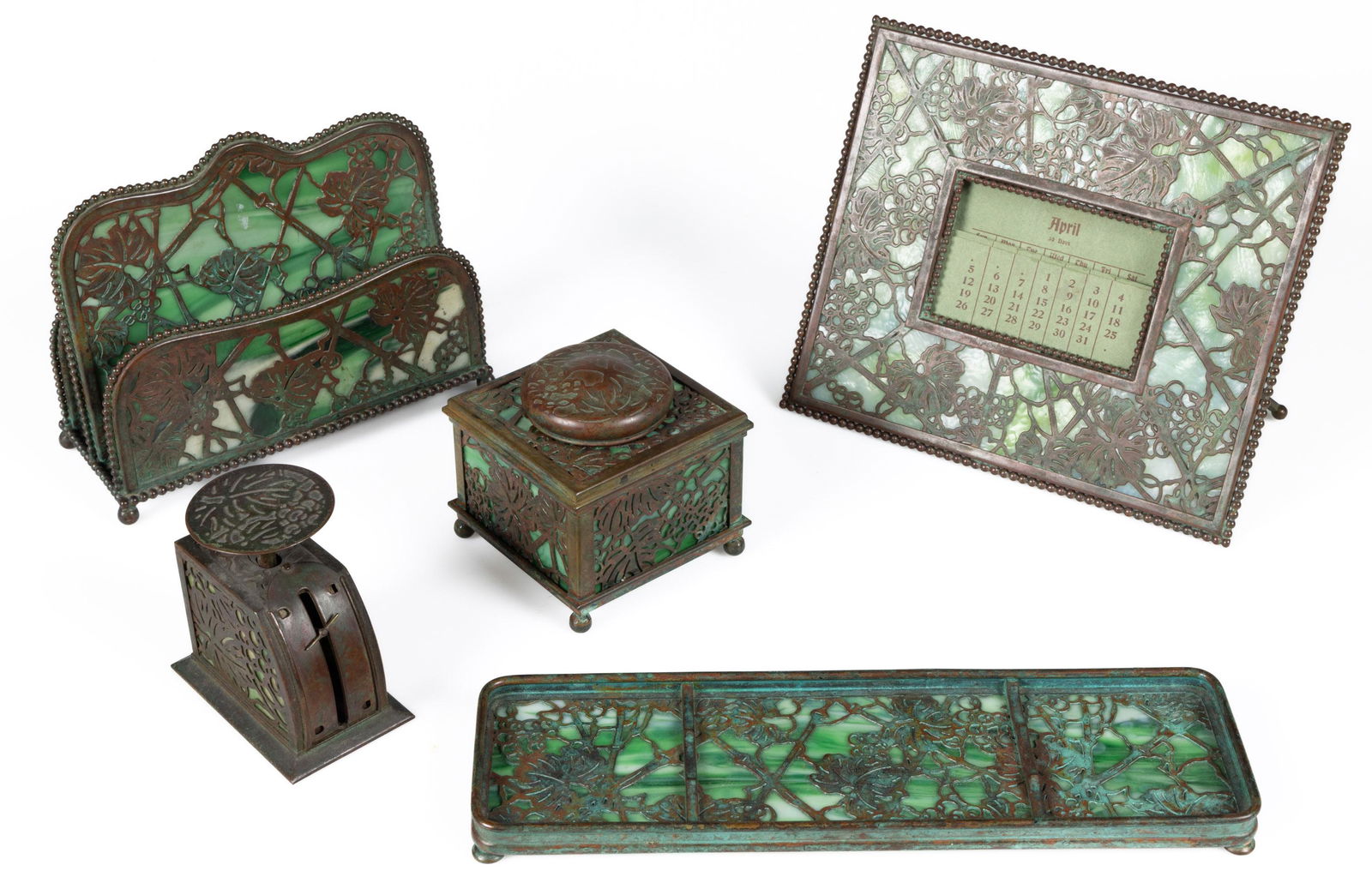 TIFFANY STUDIOS BRONZE GRAPEVINE DESK ARTICLES, LOT OF FIVE (1 of 8)