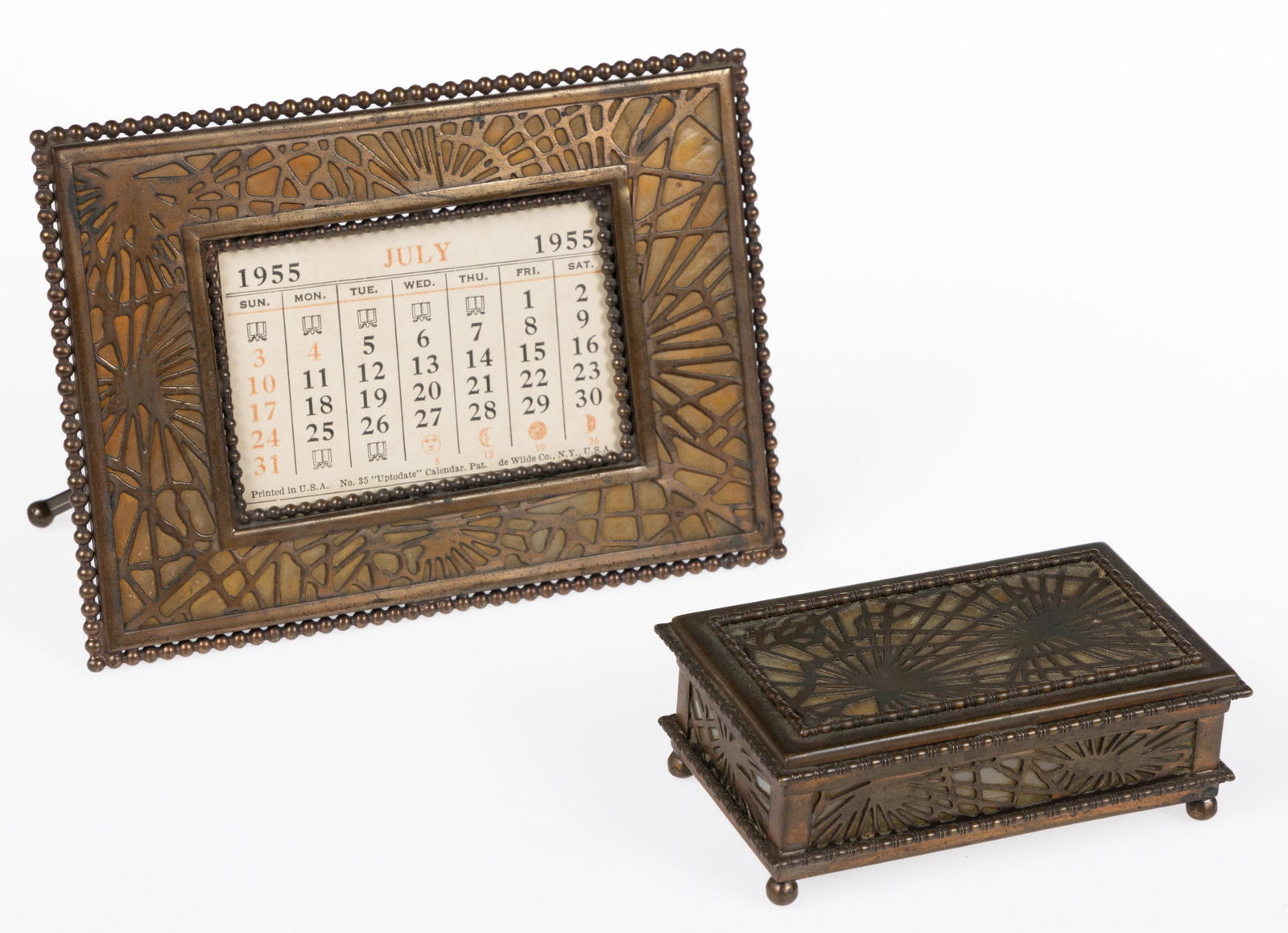 TIFFANY STUDIOS BRONZE PINENEEDLE DESK ARTICLES, LOT OF TWO (1 of 3)