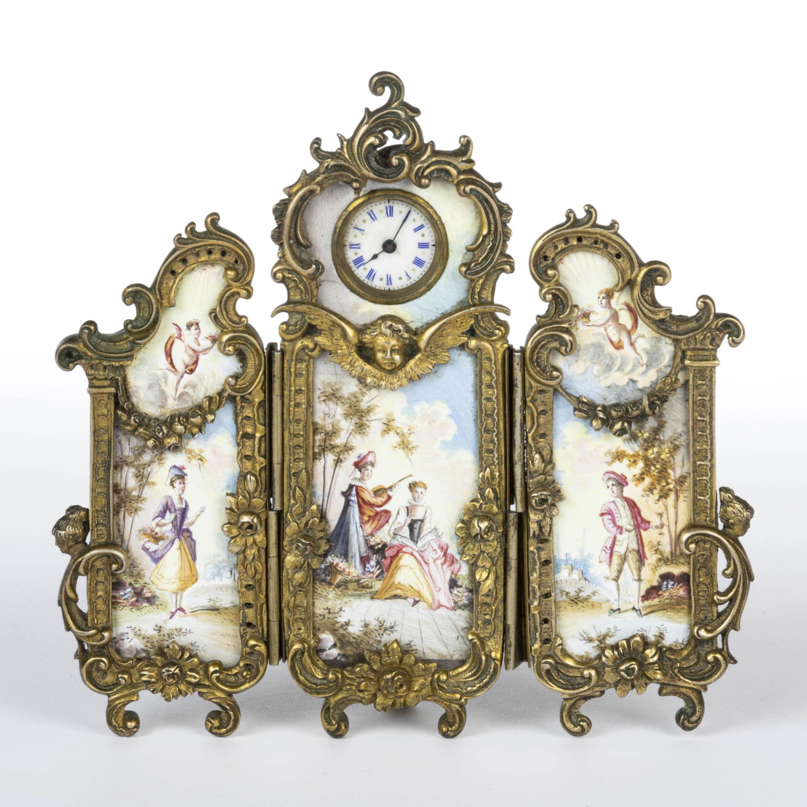 VIENNESE ENAMEL AND GILT 0.800 SILVER MINIATURE FOLDING SCREEN CLOCK (1 of 2)