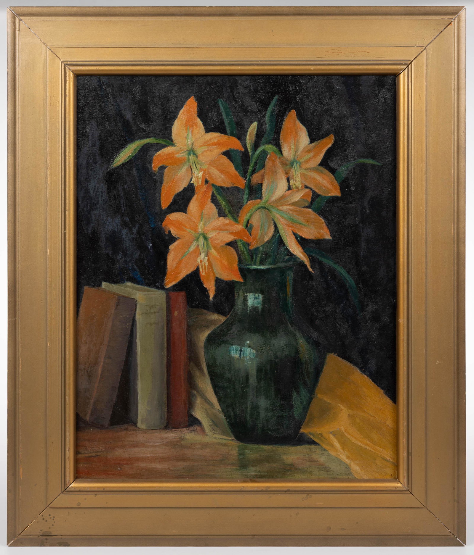 AMERICAN SCHOOL (20TH CENTURY) STILL-LIFE: AMERICAN SCHOOL (20TH CENTURY) STILL-LIFE, oil on board, featuring daylillies in a green vase, no signature located. Housed in an old painted frame. In the manner of Catherine Carter Critcher (1868-19