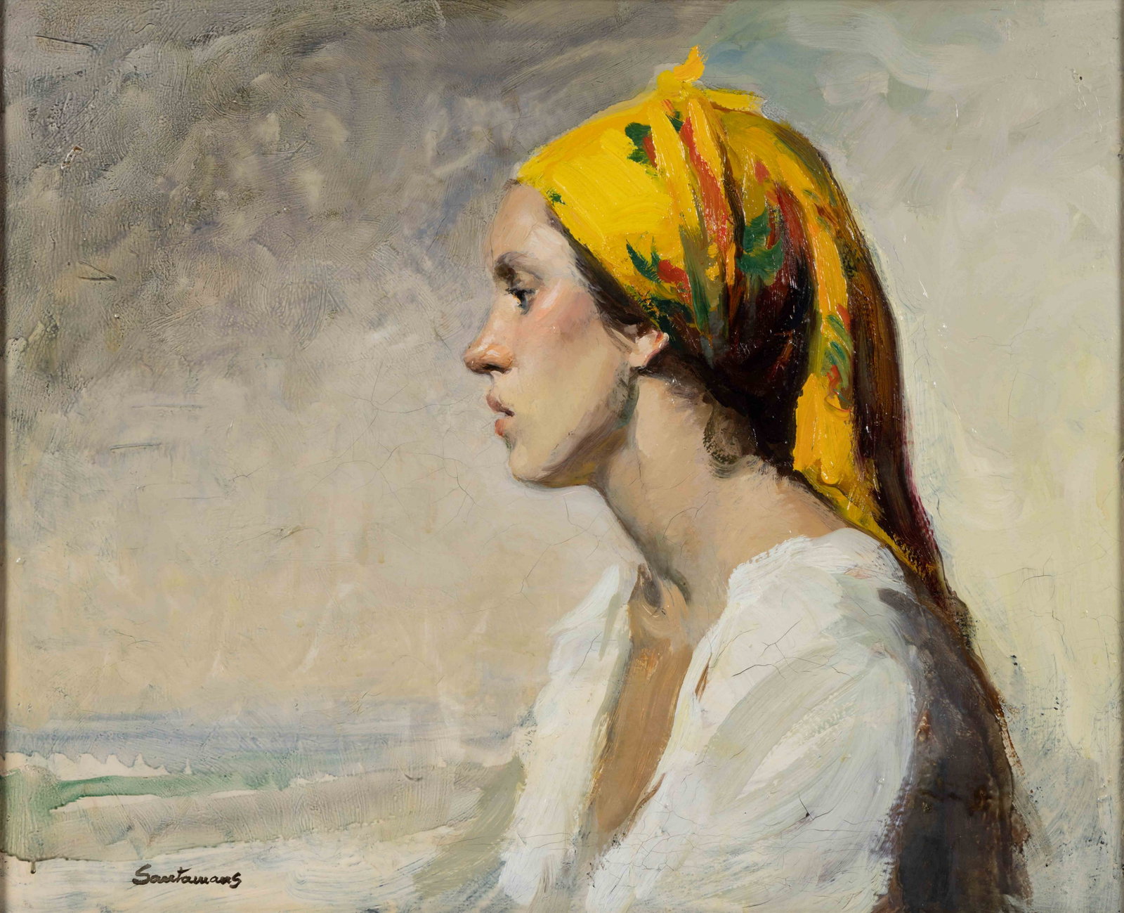 FELIPE SANTAMANS (VALENCIA, SPAIN, B. 1951) PORTRAIT OF A WOMAN: FELIPE SANTAMANS (VALENCIA, SPAIN, B. 1951) PORTRAIT OF A WOMAN, oil on canvas, profile depiction of sitter in a coastal setting, signed lower left "Santamans". Housed in a modern frame. 20t