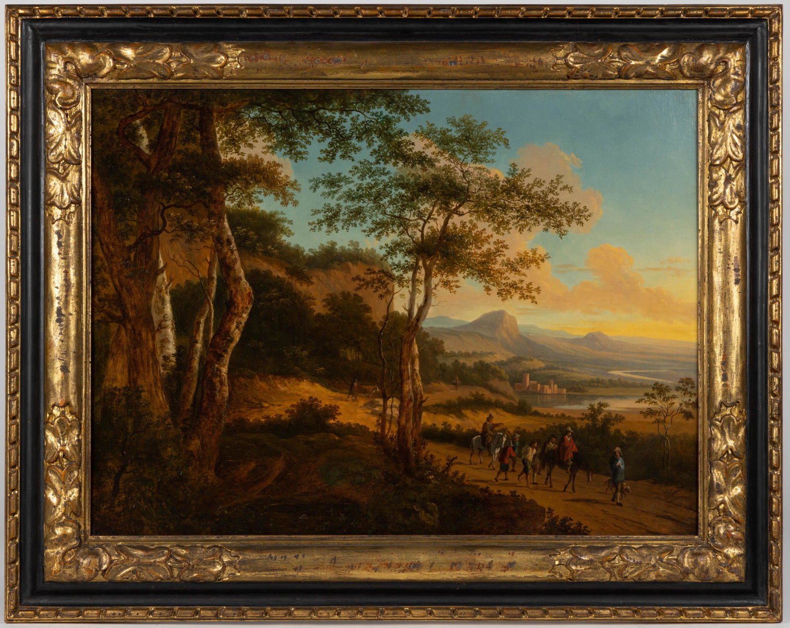 AMERICAN OR EUROPEAN SCHOOL (19TH CENTURY) LANDSCAPE PAINTING: AMERICAN OR EUROPEAN SCHOOL (19TH CENTURY) LANDSCAPE PAINTING, oil on canvas, depicting a village up against a mountain scene, with villagers coming down a dirt trail, no signature located. 19th centu